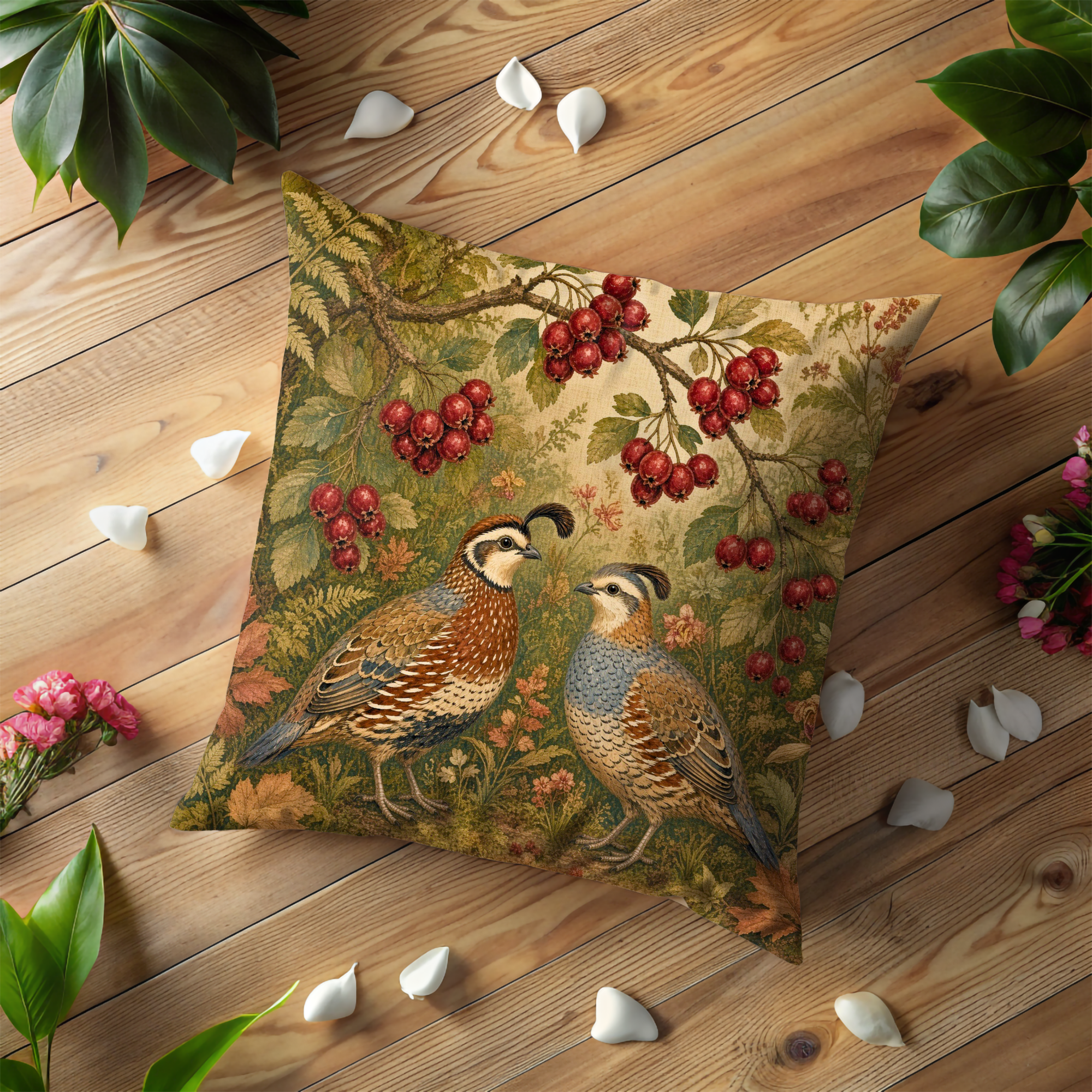 Pair of Crested Quails Red Berries Botanical Pillow Cover | Classic Wildlife Art | Natural History Decor