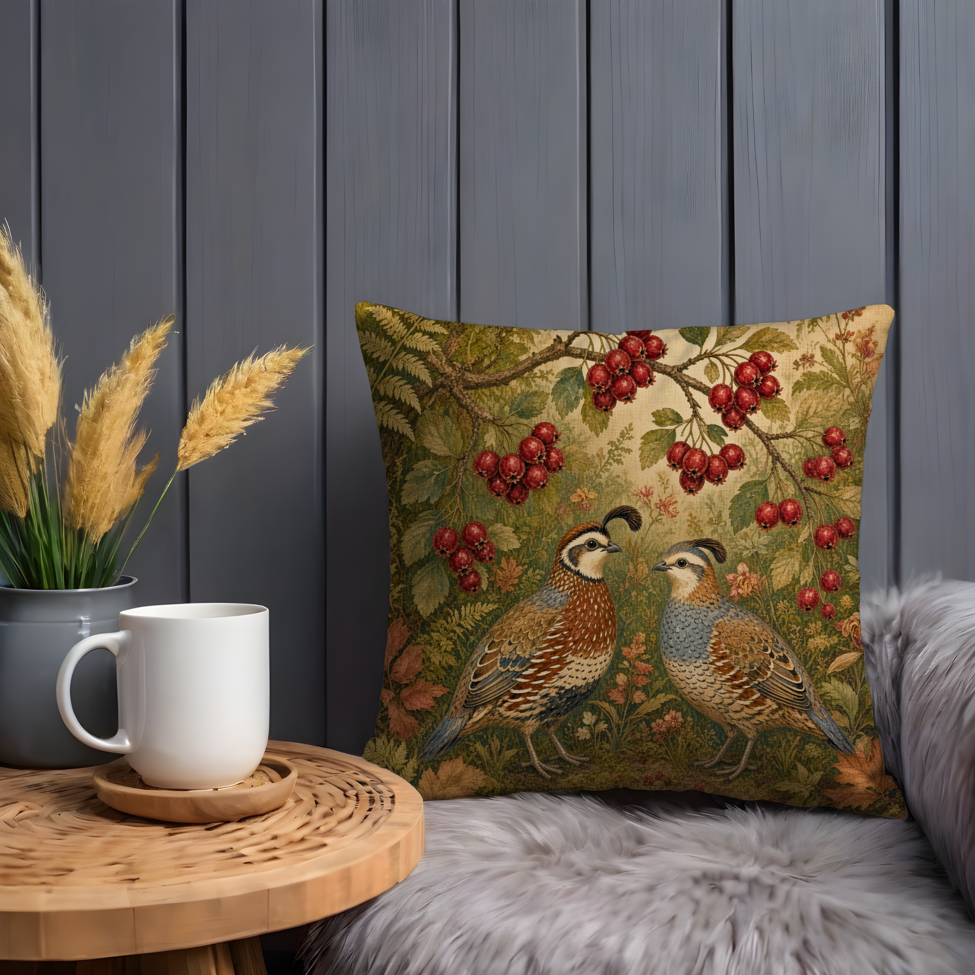 Pair of Crested Quails Red Berries Botanical Pillow Cover | Classic Wildlife Art | Natural History Decor