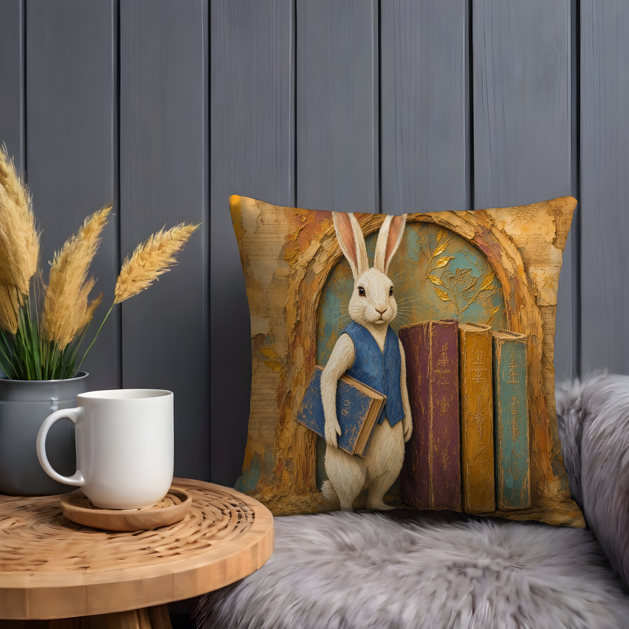 White Rabbit Blue Vest Books Literary Pillow Cover | Alice in Wonderland Art | Whimsical Scholar Decor