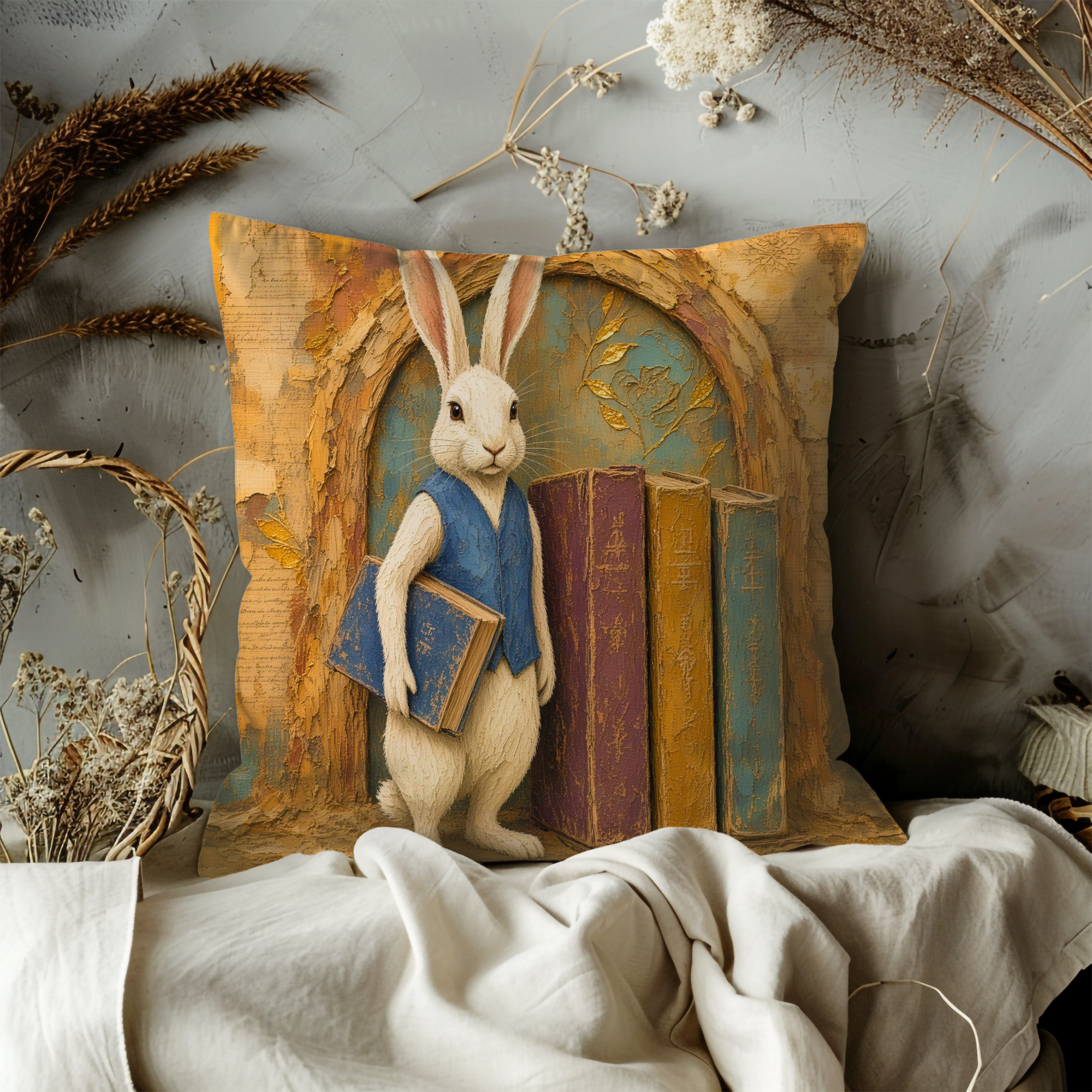 White Rabbit Blue Vest Books Literary Pillow Cover | Alice in Wonderland Art | Whimsical Scholar Decor