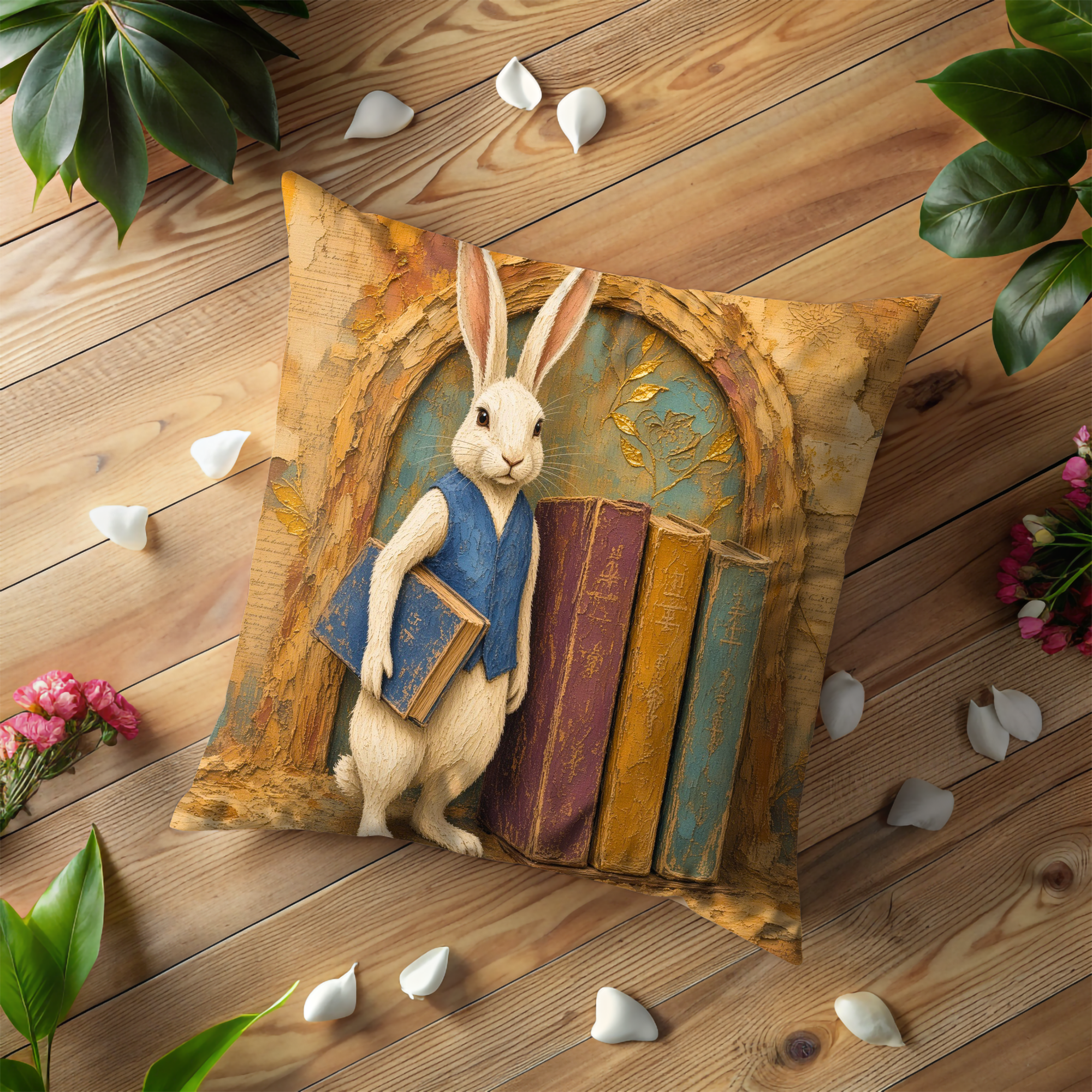 White Rabbit Blue Vest Books Literary Pillow Cover | Alice in Wonderland Art | Whimsical Scholar Decor