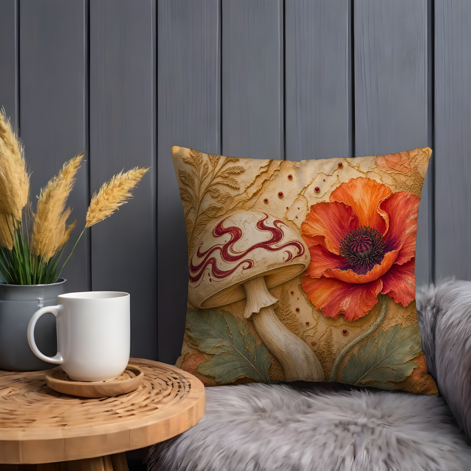 Red Swirl Mushroom Poppy Flower Pillow Cover | Mystical Botanical Art | Elegant Fungi Decor