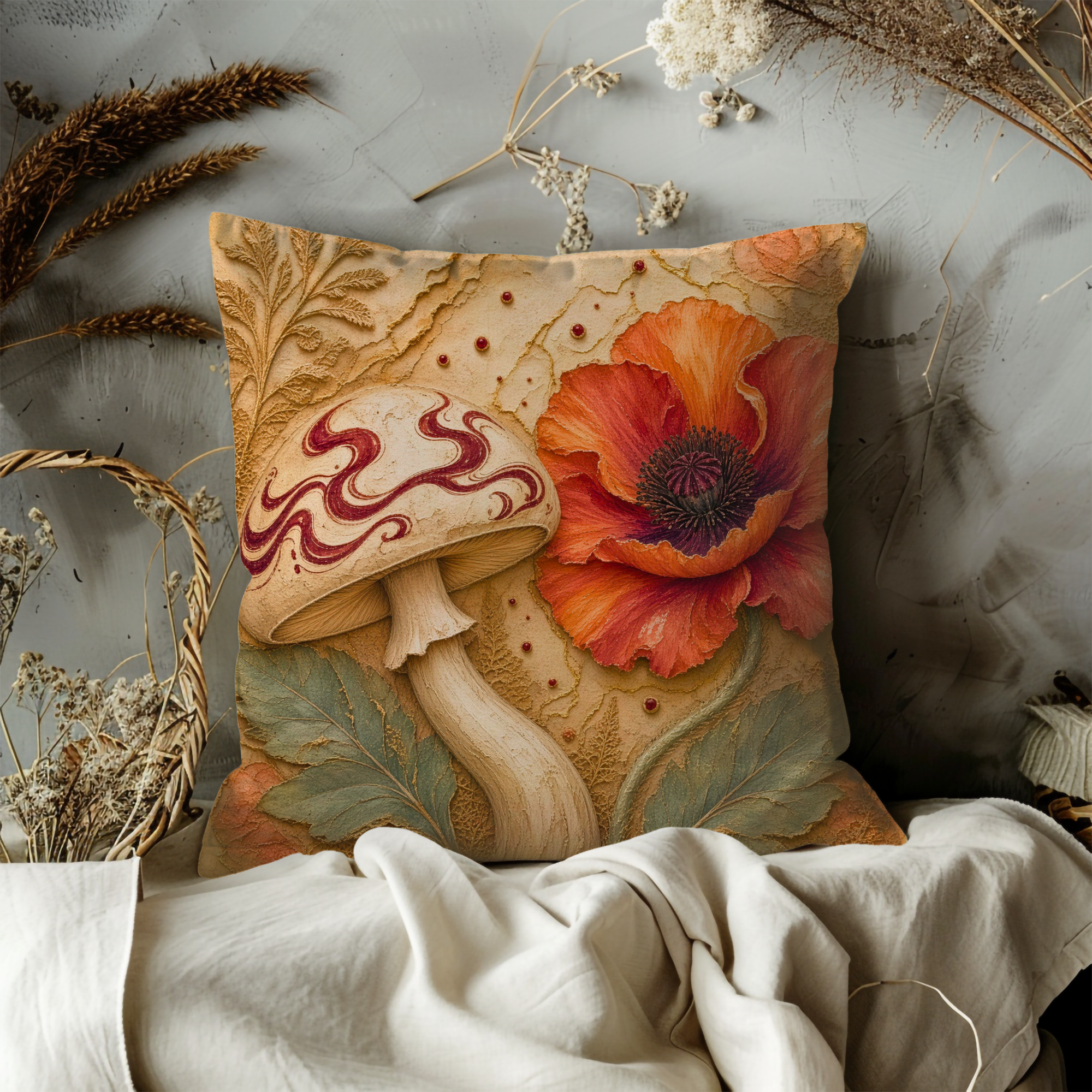 Red Swirl Mushroom Poppy Flower Pillow Cover | Mystical Botanical Art | Elegant Fungi Decor