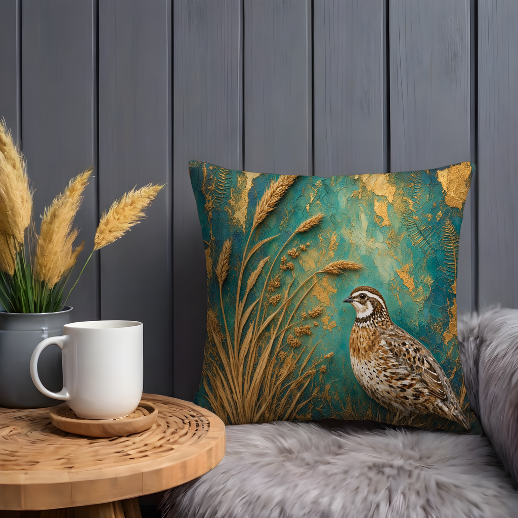 Quail Golden Wheat Teal Gold Pillow Cover | Classic Wildlife Art | Botanical Nature Decor