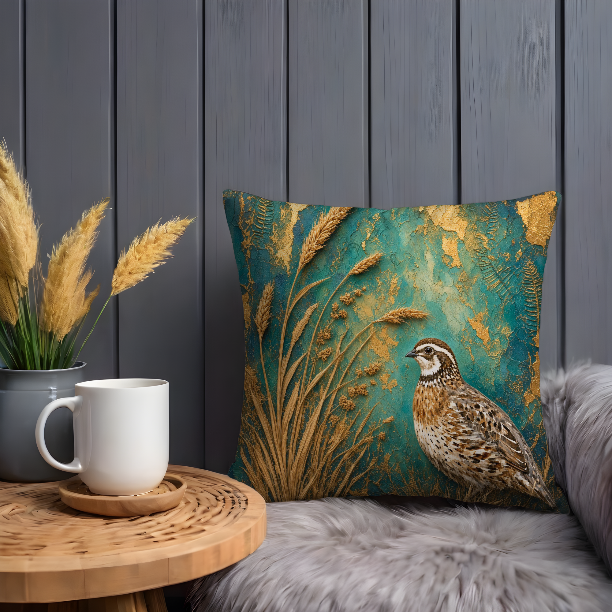 Quail Golden Wheat Teal Gold Pillow Cover | Classic Wildlife Art | Botanical Nature Decor