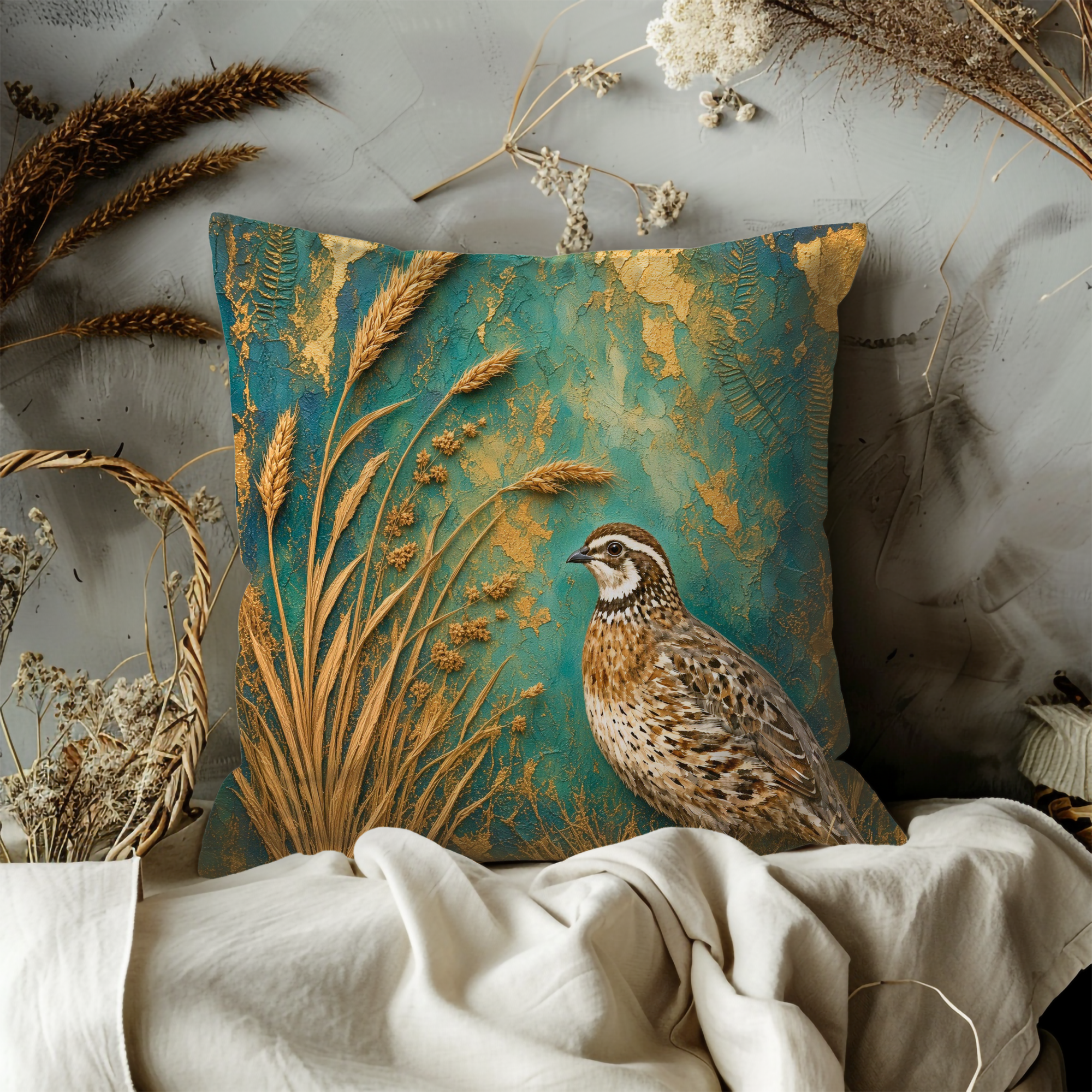 Quail Golden Wheat Teal Gold Pillow Cover | Classic Wildlife Art | Botanical Nature Decor