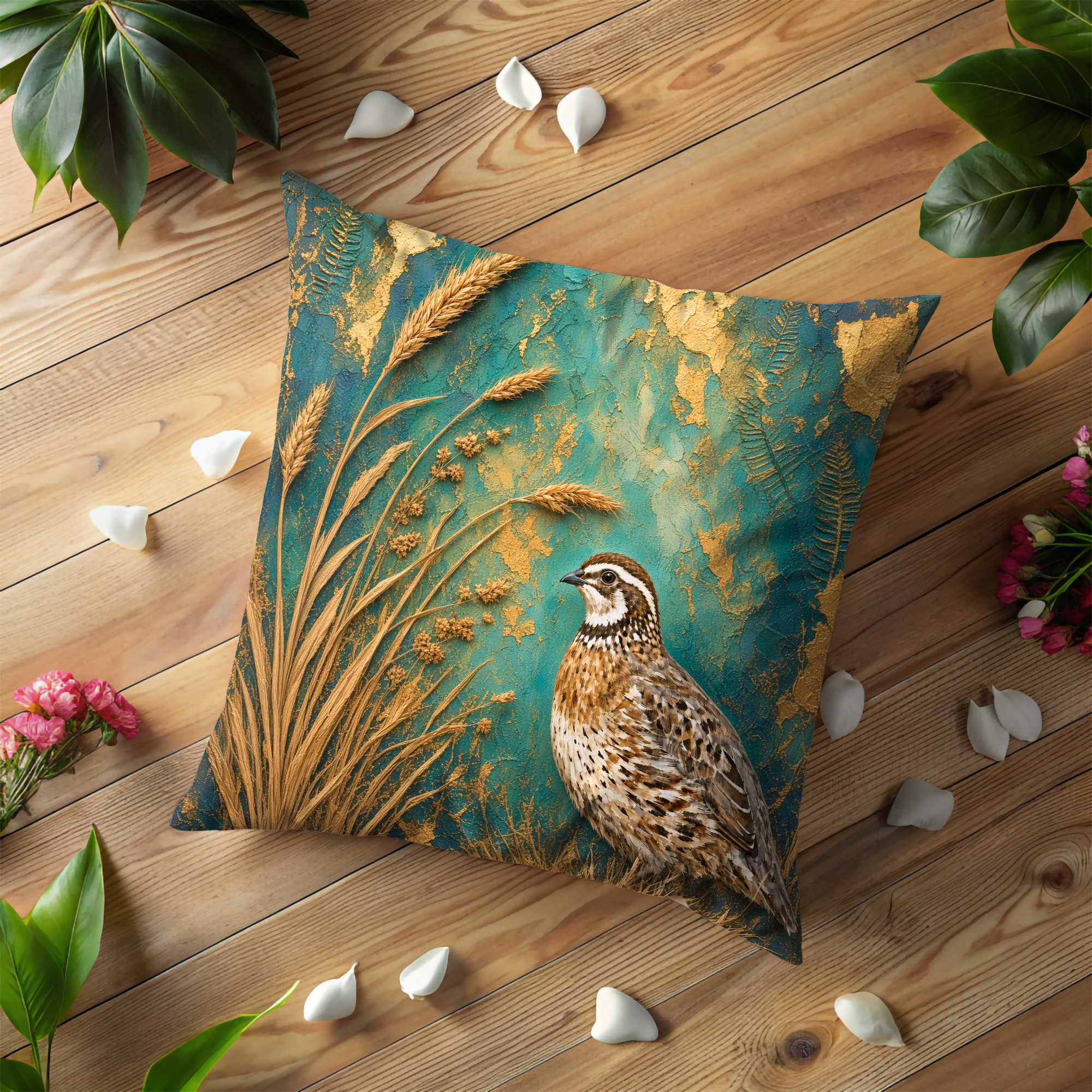Quail Golden Wheat Teal Gold Pillow Cover | Classic Wildlife Art | Botanical Nature Decor