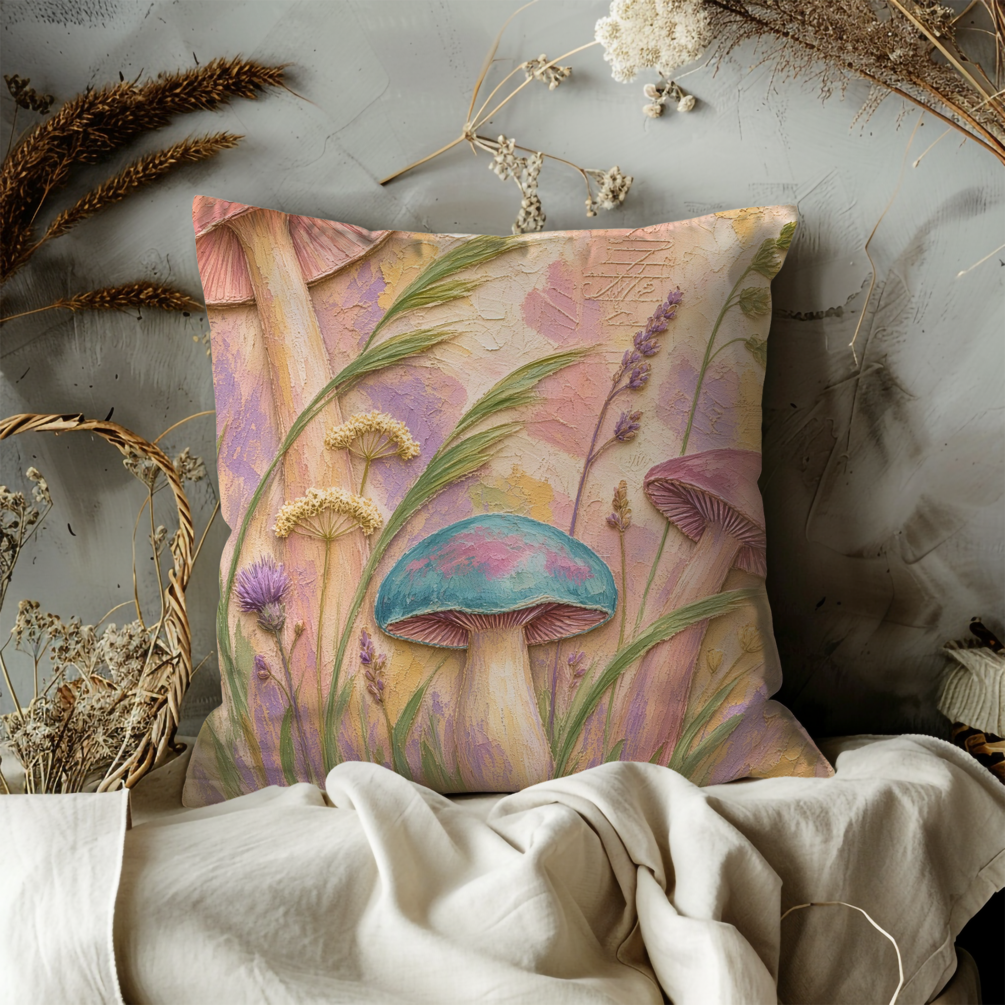 Pastel Mushrooms Wildflowers Soft Meadow Pillow Cover | Dreamy Botanical Art | Gentle Fungi Decor