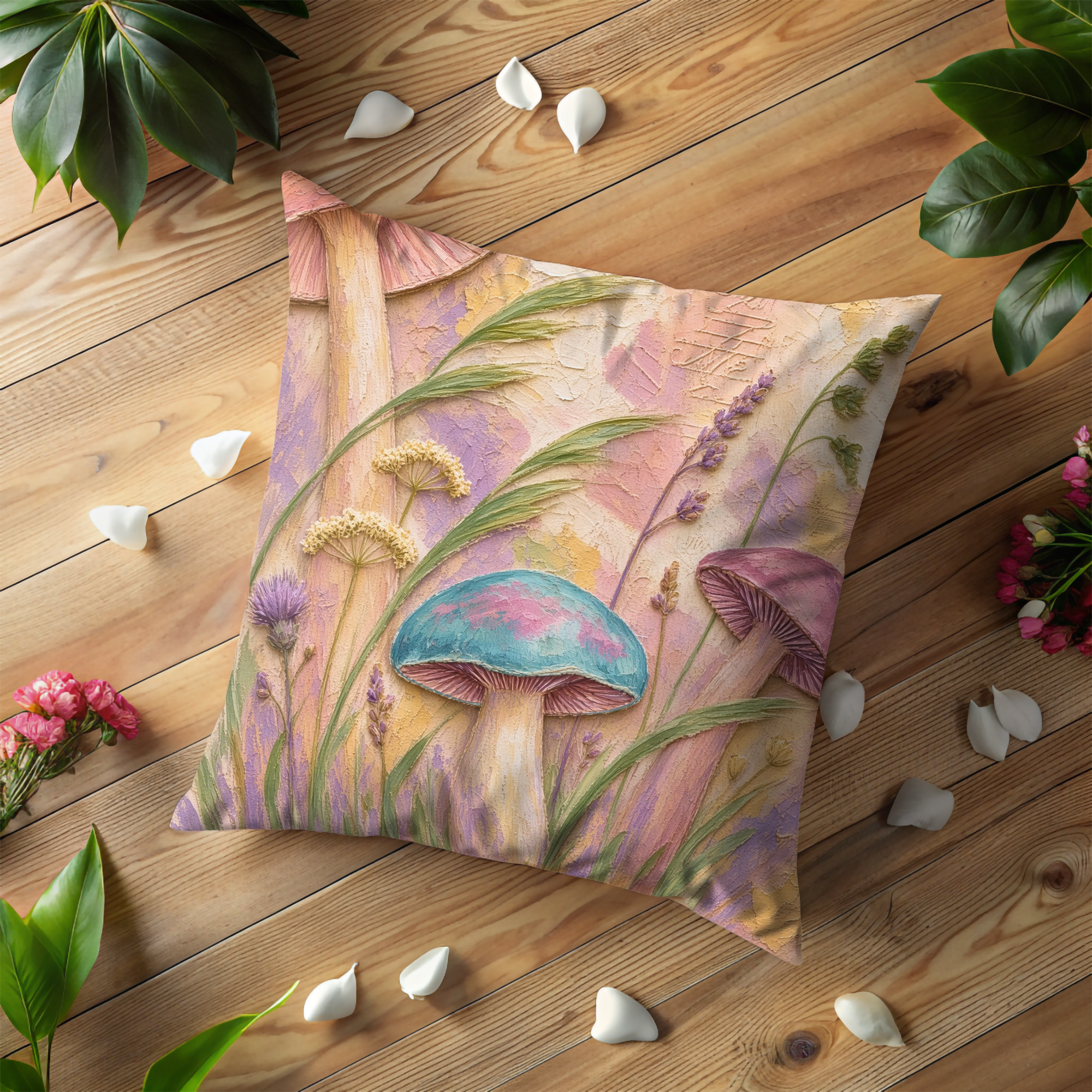 Pastel Mushrooms Wildflowers Soft Meadow Pillow Cover | Dreamy Botanical Art | Gentle Fungi Decor