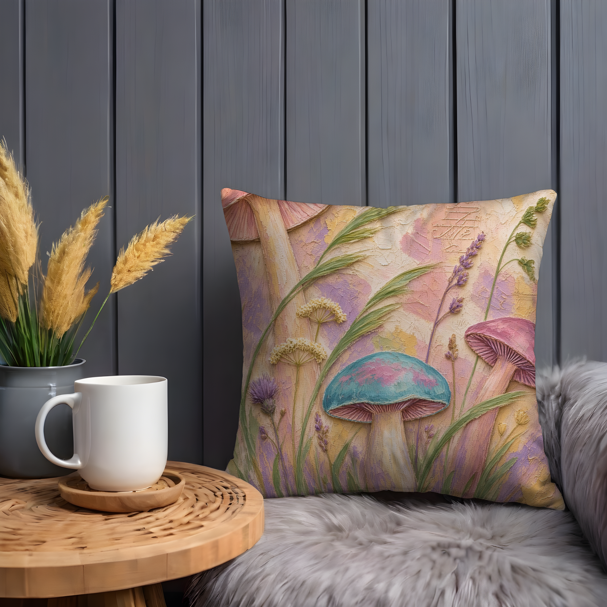 Pastel Mushrooms Wildflowers Soft Meadow Pillow Cover | Dreamy Botanical Art | Gentle Fungi Decor