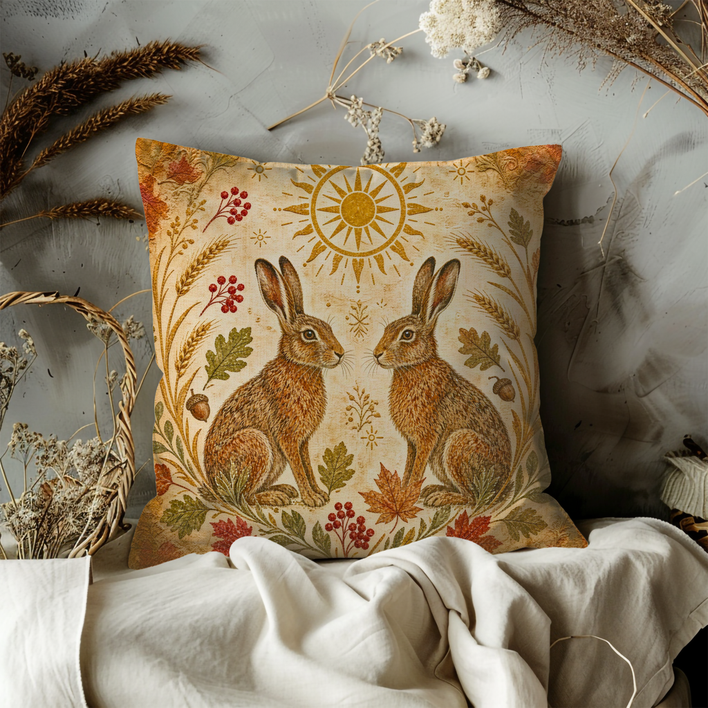 Twin Hares Golden Sun Oak Leaves Pillow Cover | Pagan Celtic Art | Harvest Solstice Decor
