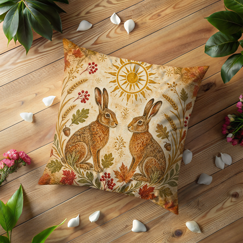 Twin Hares Golden Sun Oak Leaves Pillow Cover | Pagan Celtic Art | Harvest Solstice Decor