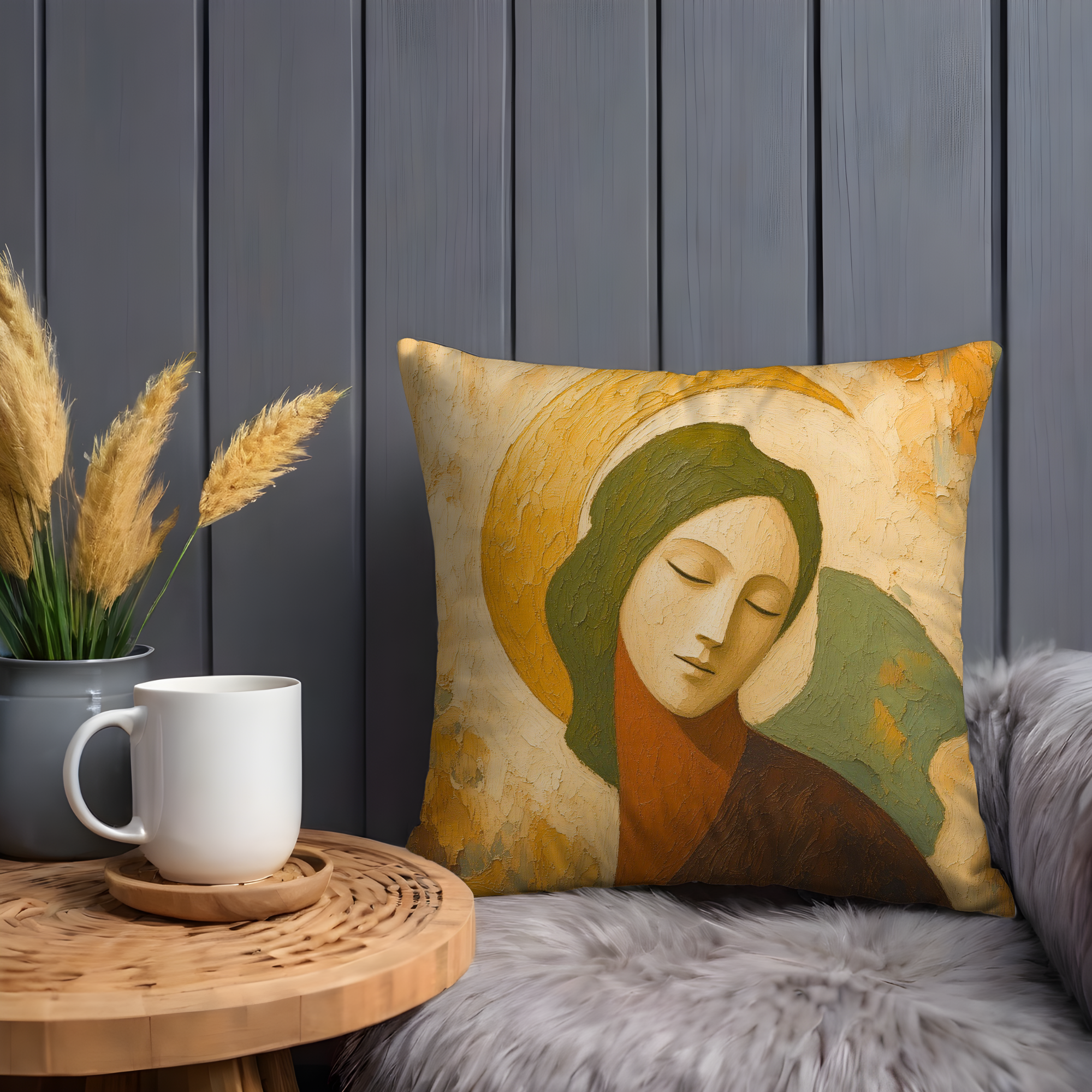 Serene Woman Green Veil Golden Halo Pillow Cover | Modern Spiritual Art | Quiet Contemplative Decor