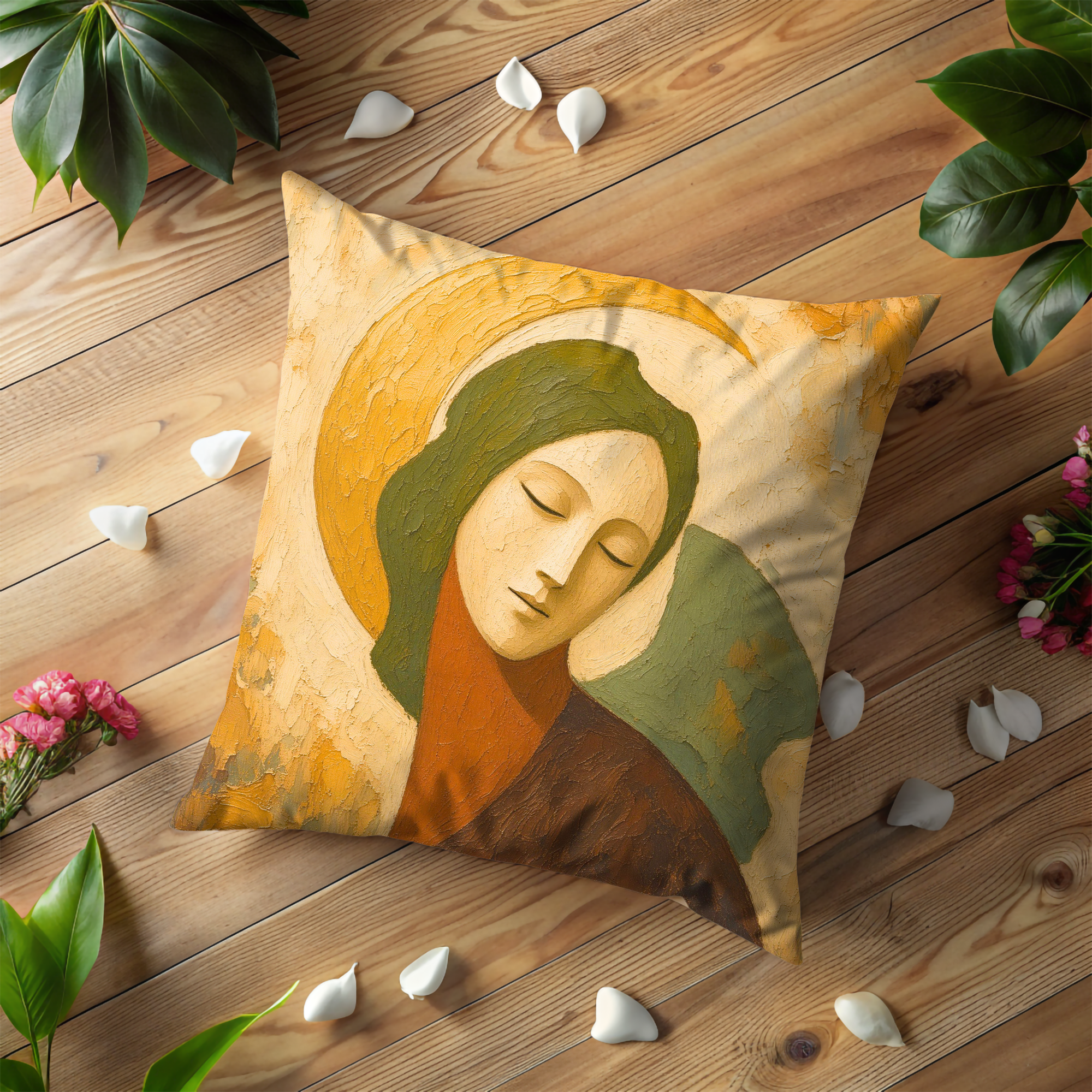 Serene Woman Green Veil Golden Halo Pillow Cover | Modern Spiritual Art | Quiet Contemplative Decor