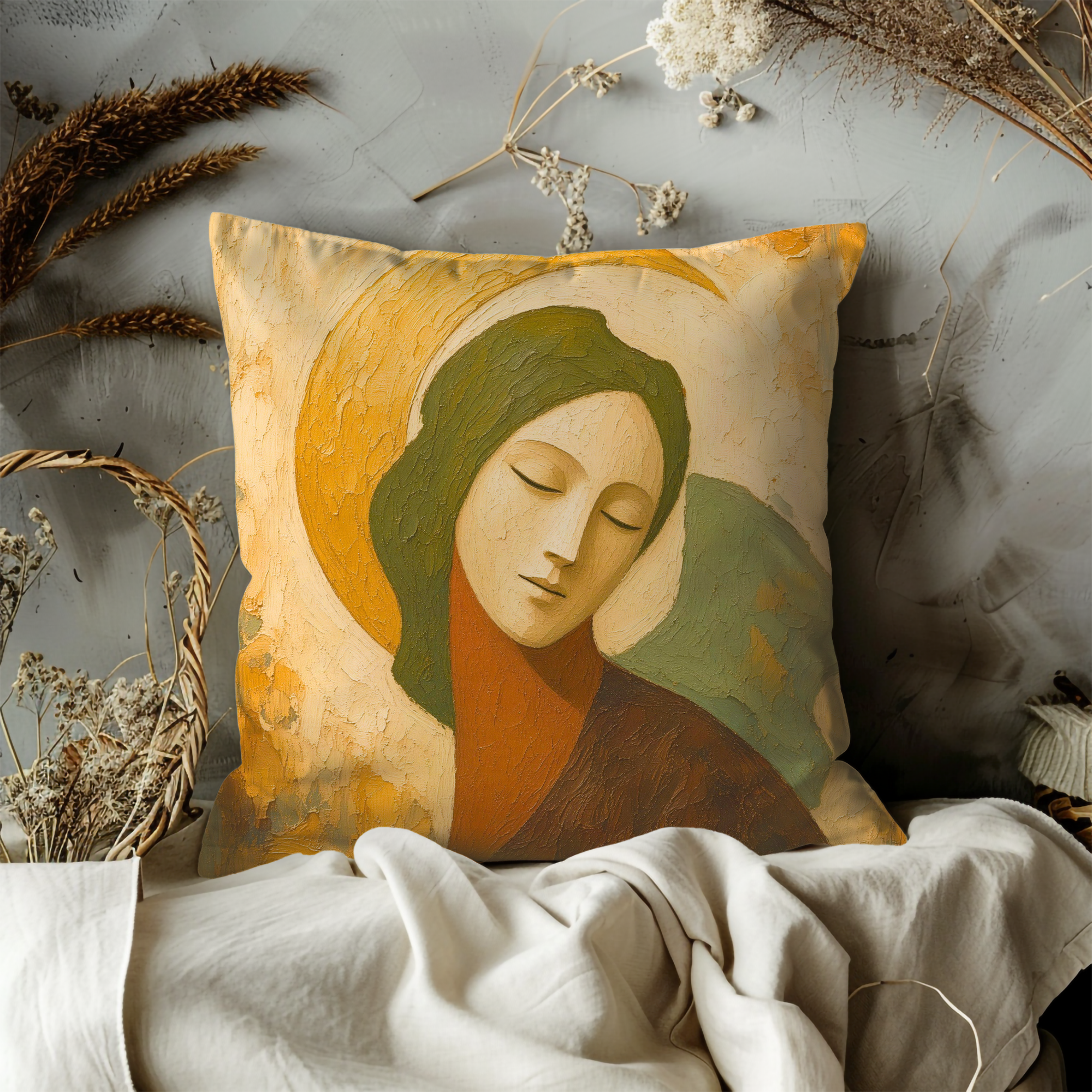 Serene Woman Green Veil Golden Halo Pillow Cover | Modern Spiritual Art | Quiet Contemplative Decor