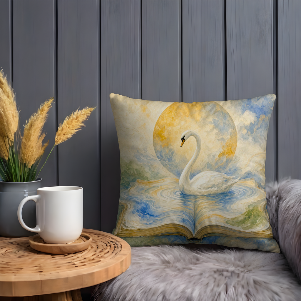 White Swan Full Moon Book Pillow Cover | Watercolor Literary Decor