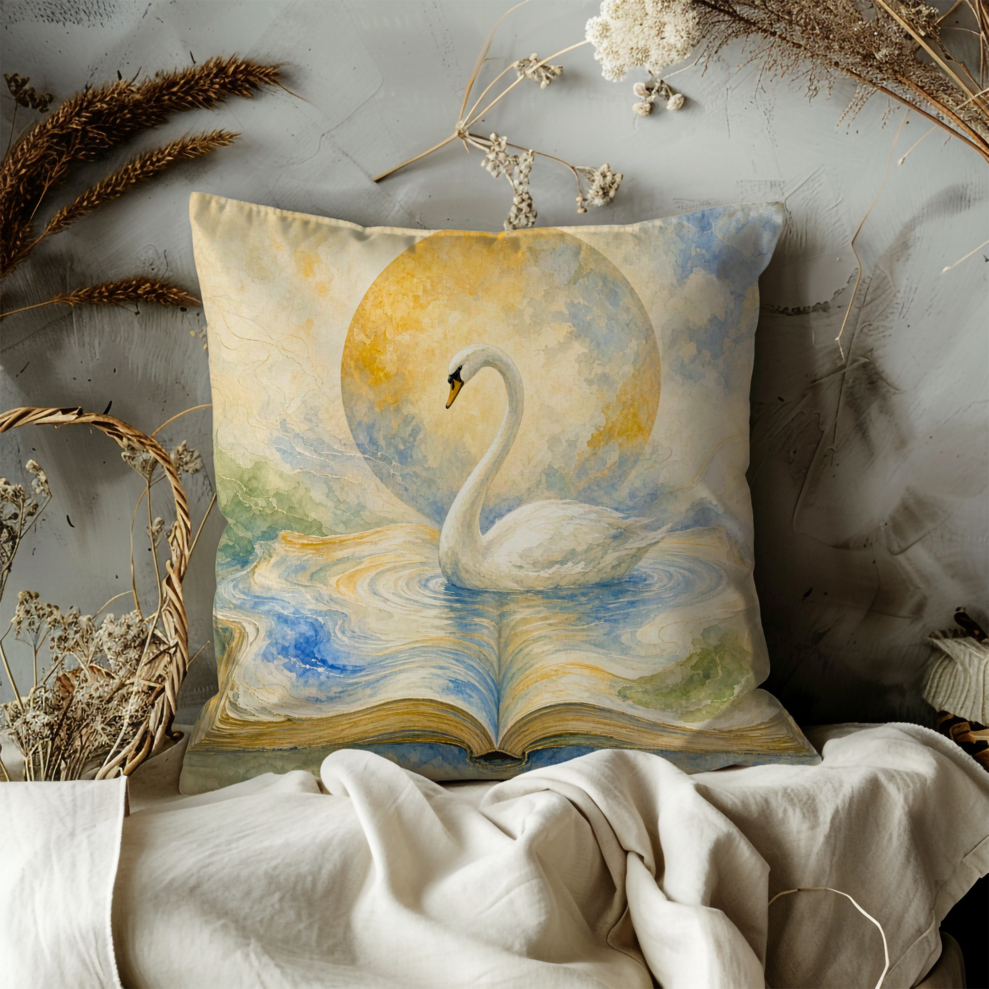 White Swan Full Moon Book Pillow Cover | Watercolor Literary Decor