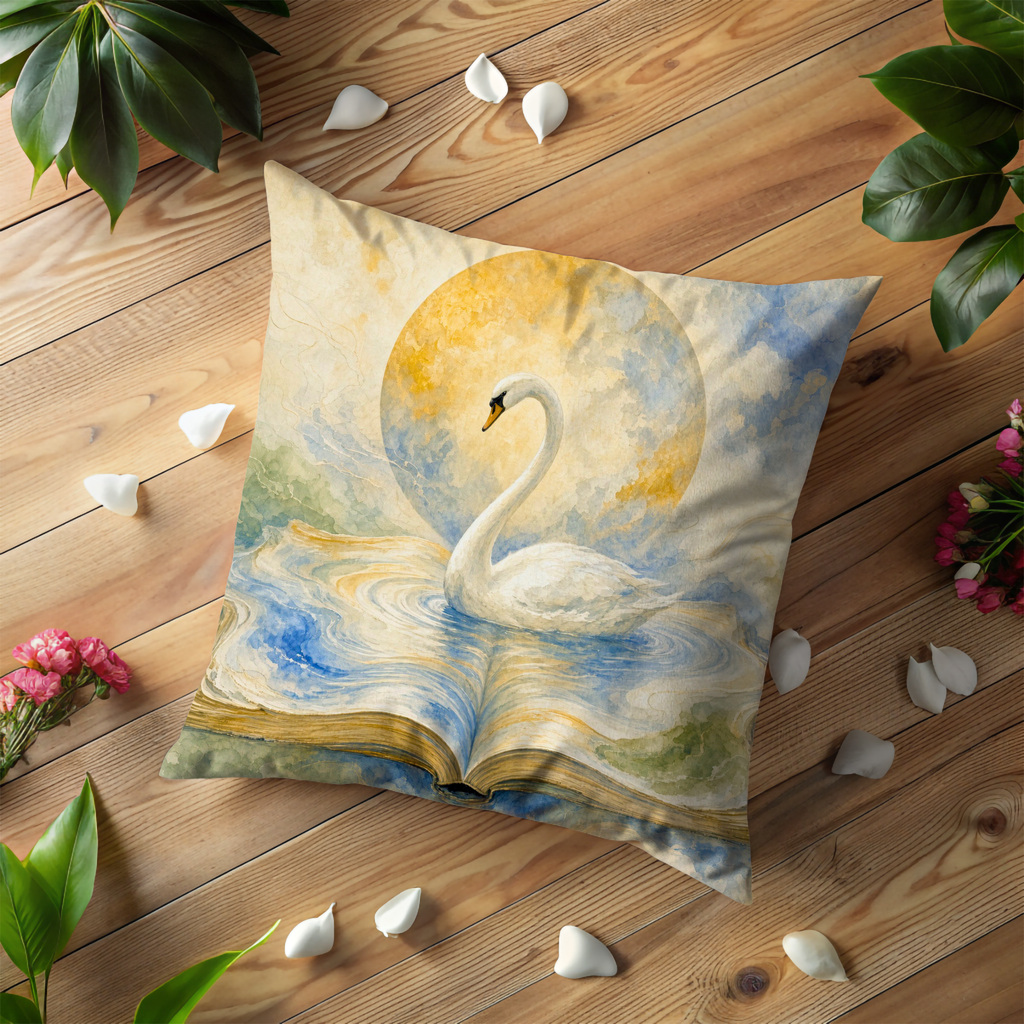 White Swan Full Moon Book Pillow Cover | Watercolor Literary Decor