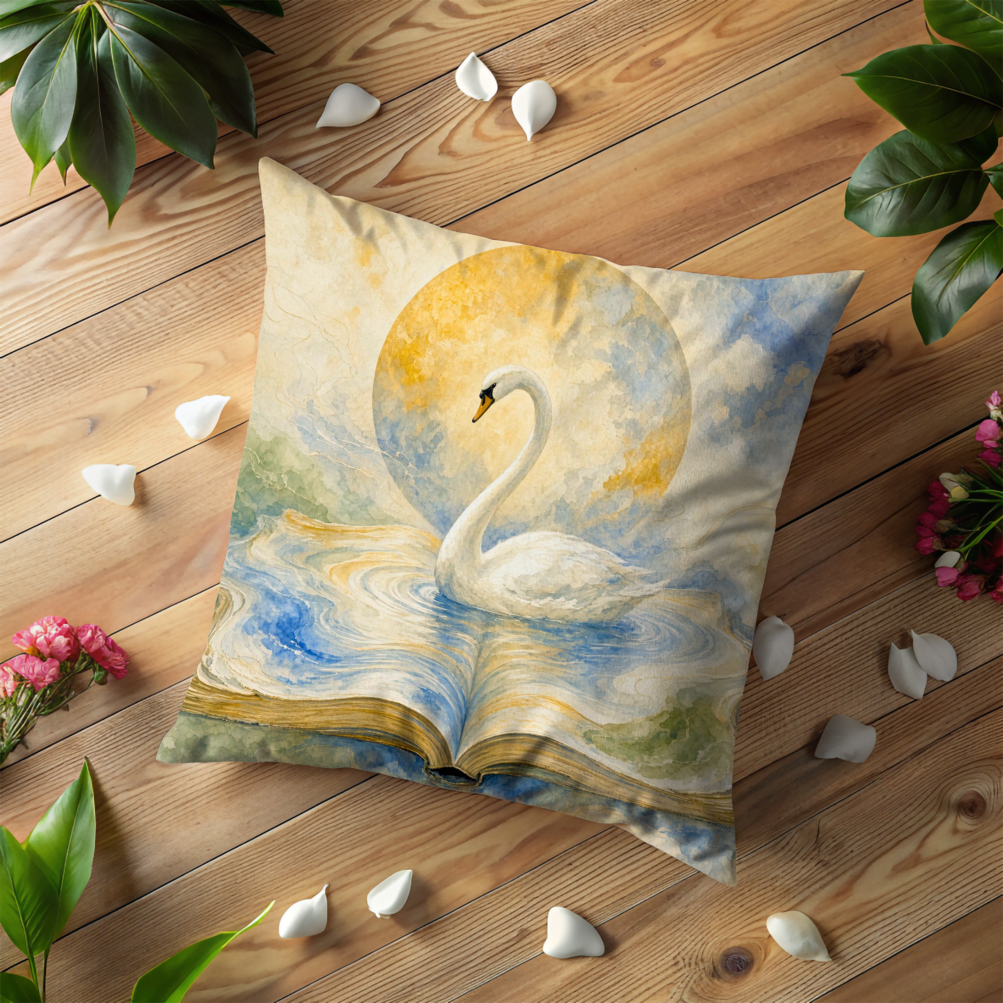 White Swan Full Moon Book Pillow Cover | Watercolor Literary Decor