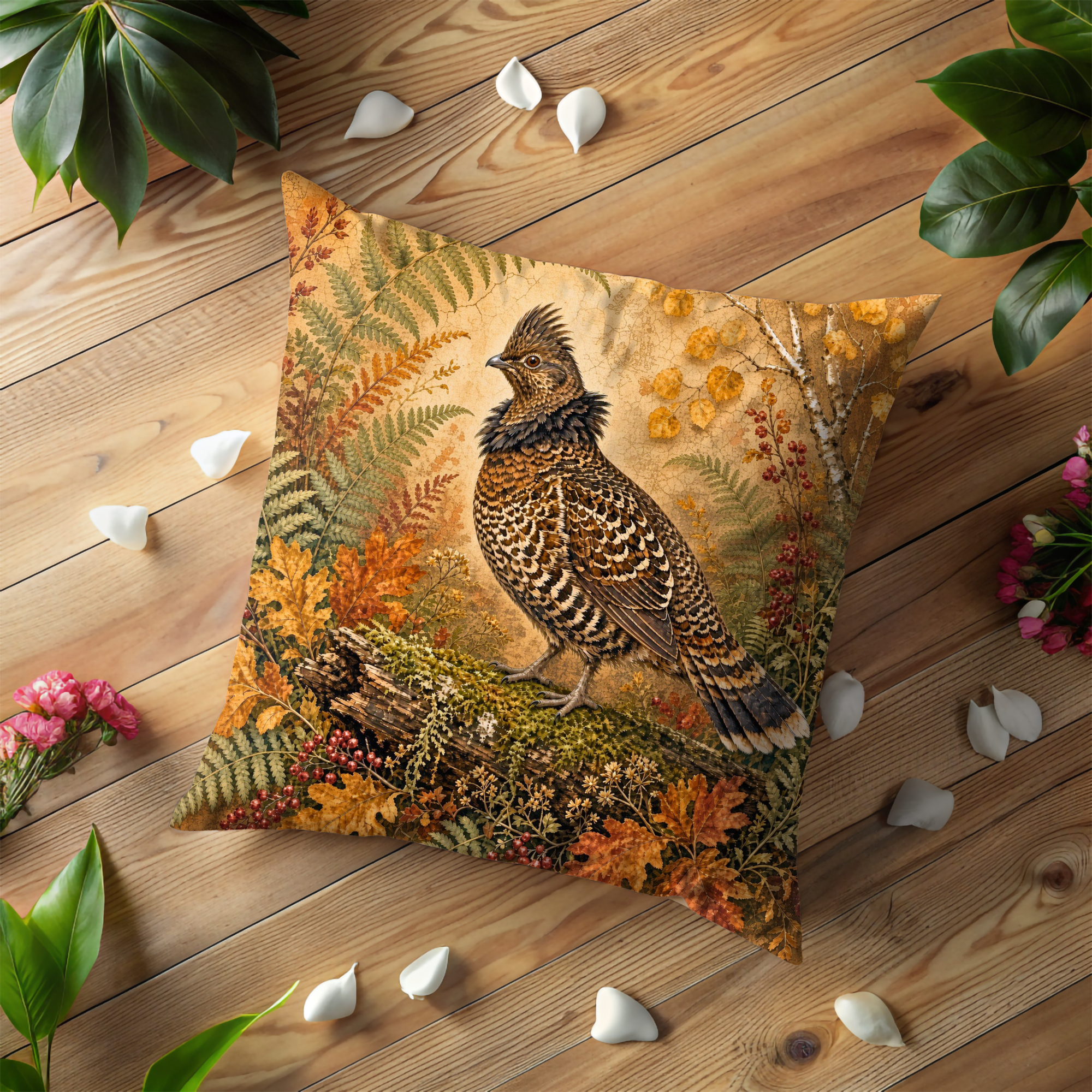 Woodland Bird Pillow Cover | Autumn Fern and Birch Nature Decor