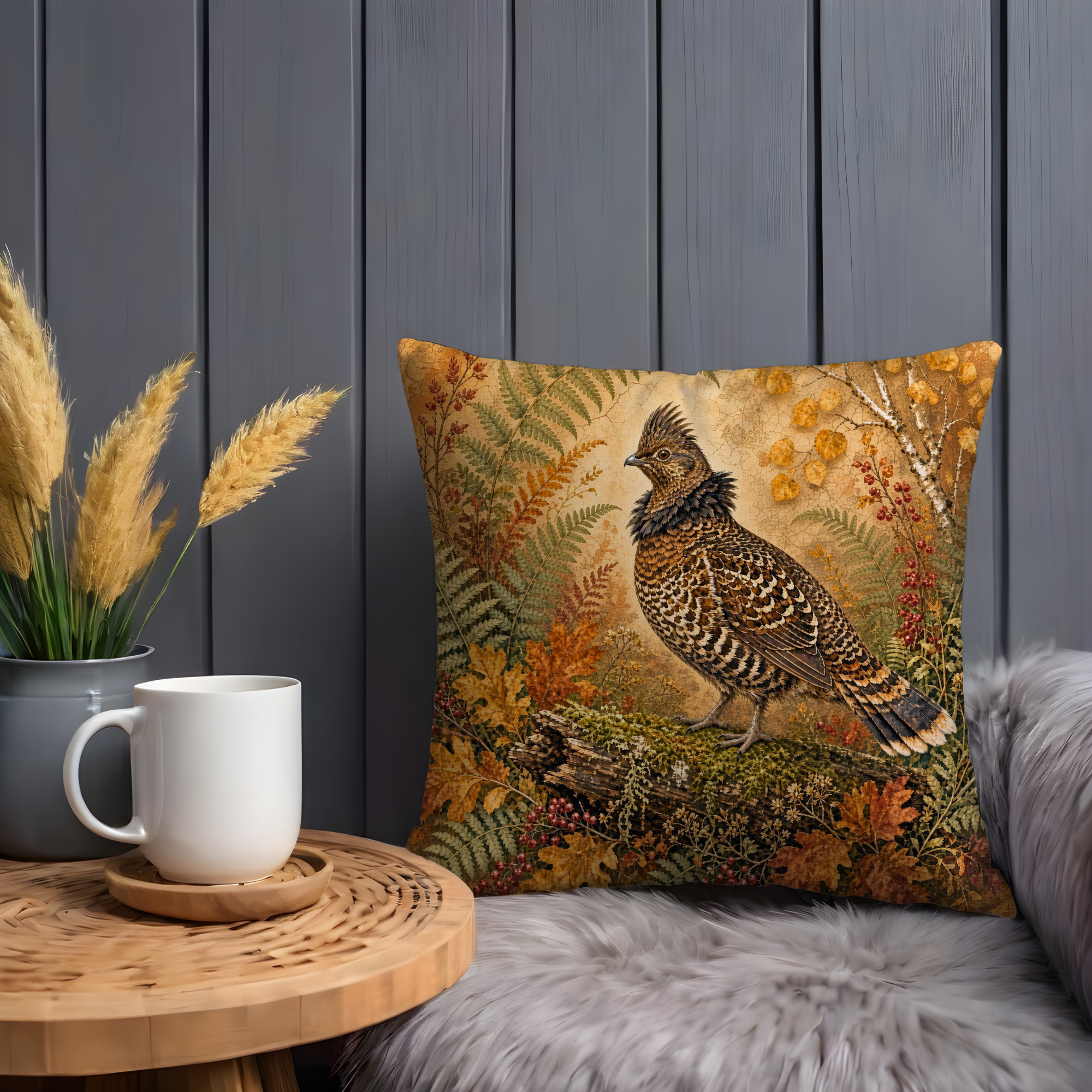 Woodland Bird Pillow Cover | Autumn Fern and Birch Nature Decor