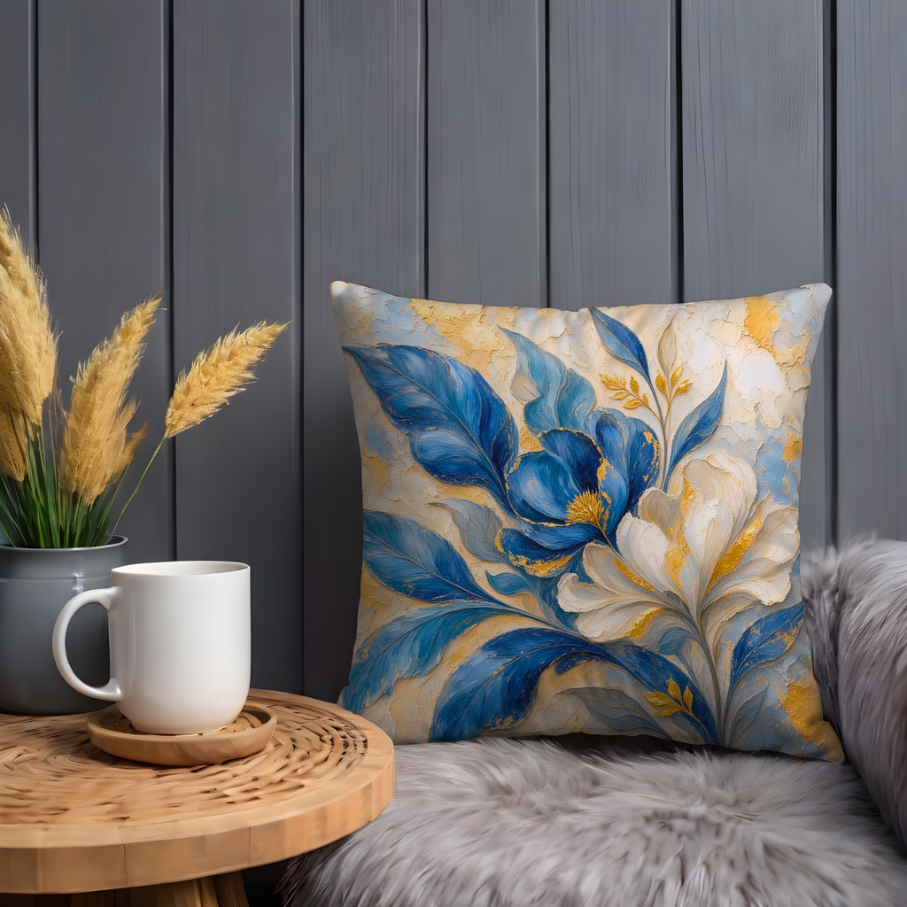 Blue and White Floral Pillow Cover | Textured Gold Botanical Decor