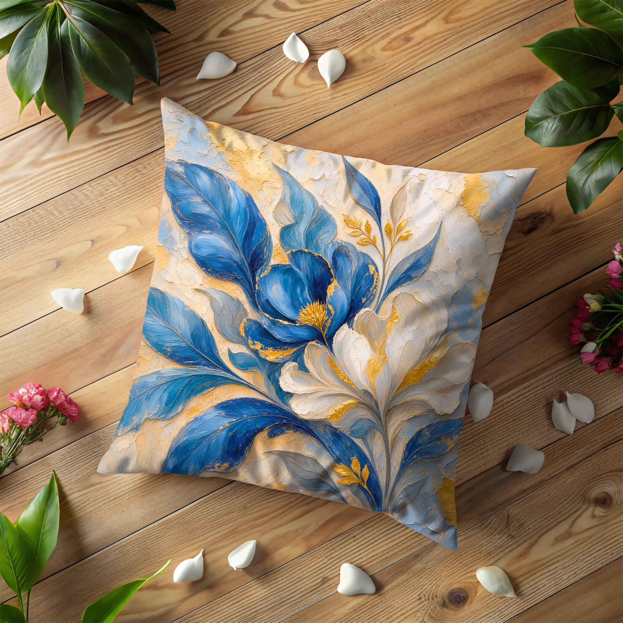 Blue and White Floral Pillow Cover | Textured Gold Botanical Decor