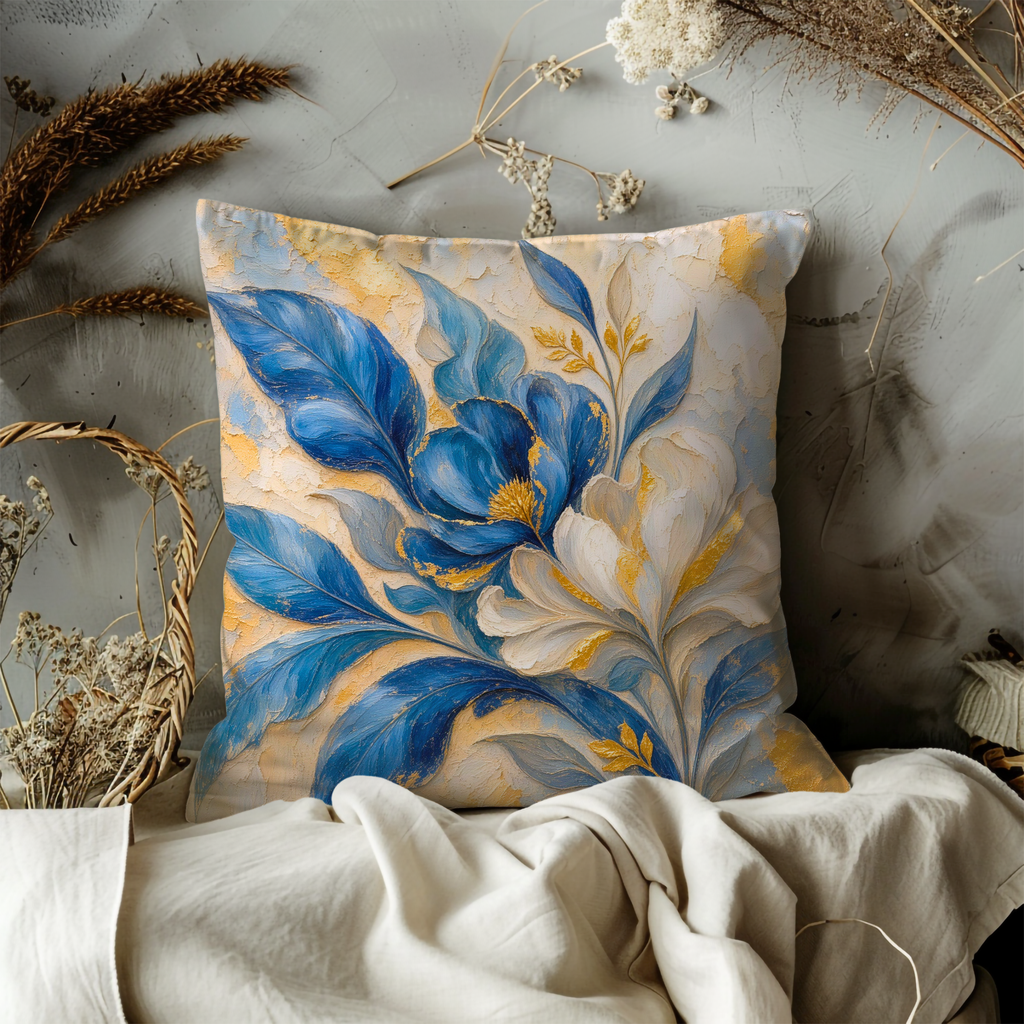 Blue and White Floral Pillow Cover | Textured Gold Botanical Decor