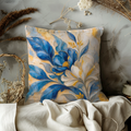 Blue and White Floral Pillow Cover | Textured Gold Botanical Decor