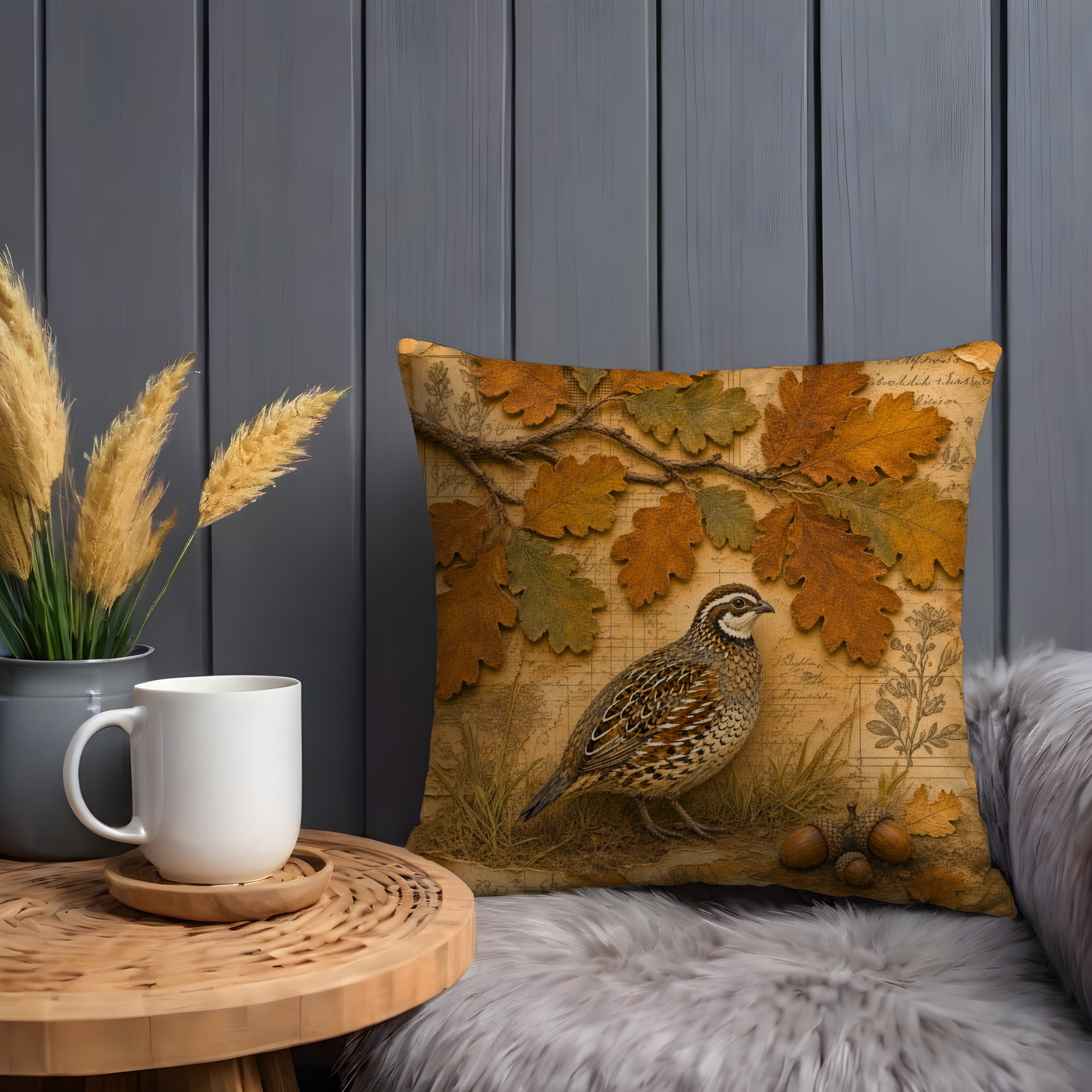 Quail and Oak Leaf Pillow Cover | Vintage Autumn Bird Decor