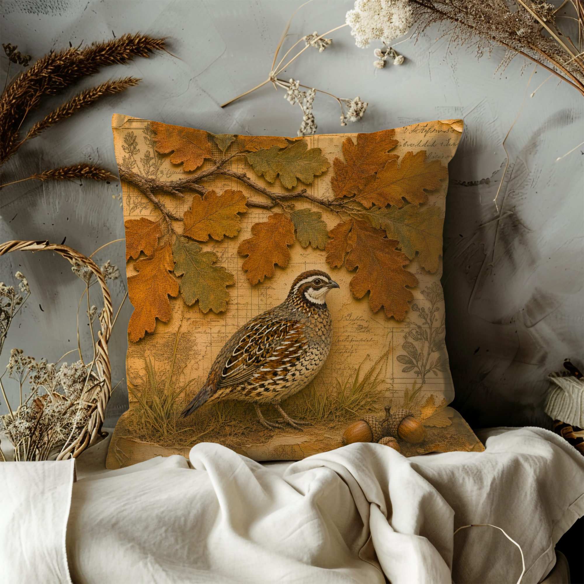Quail and Oak Leaf Pillow Cover | Vintage Autumn Bird Decor