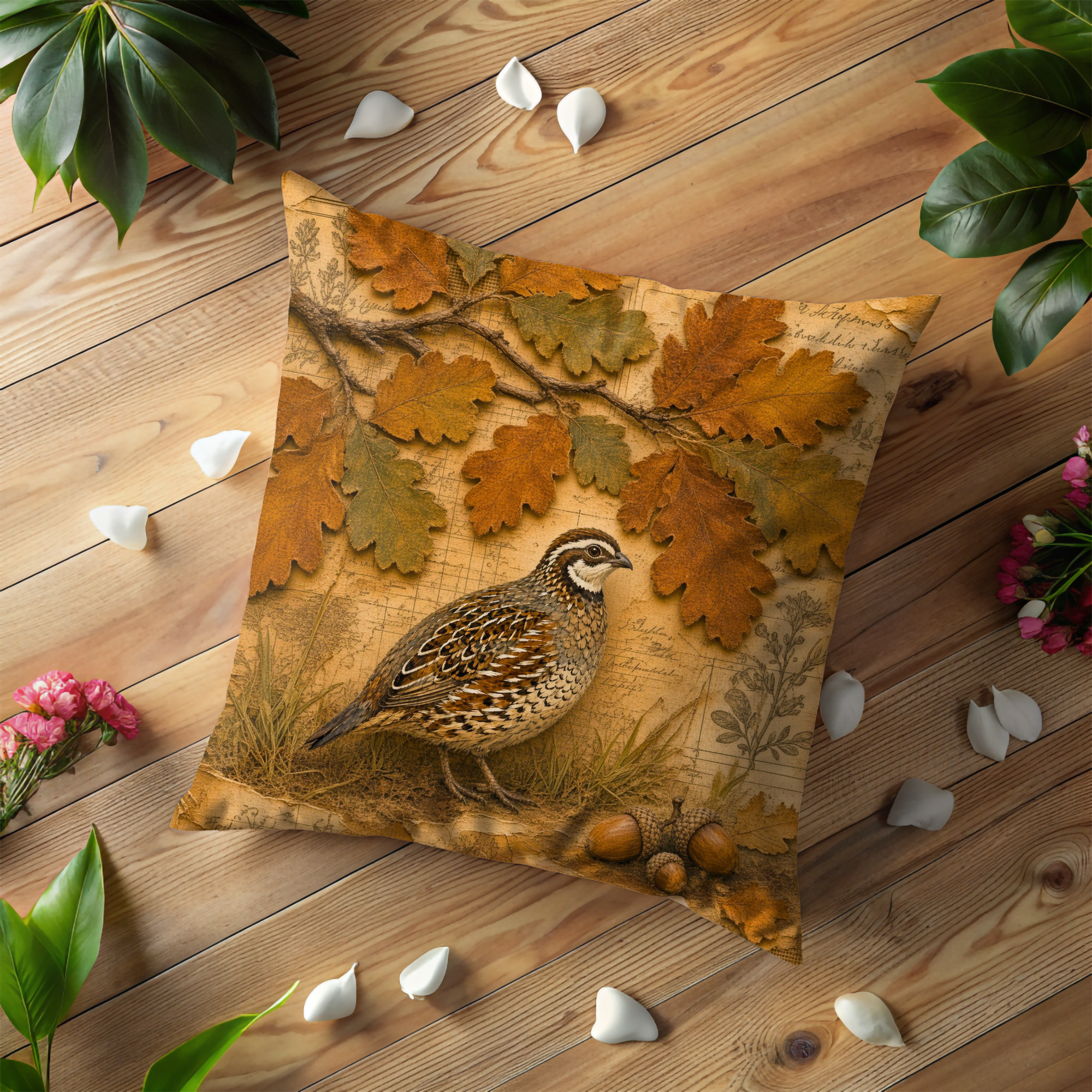 Quail and Oak Leaf Pillow Cover | Vintage Autumn Bird Decor