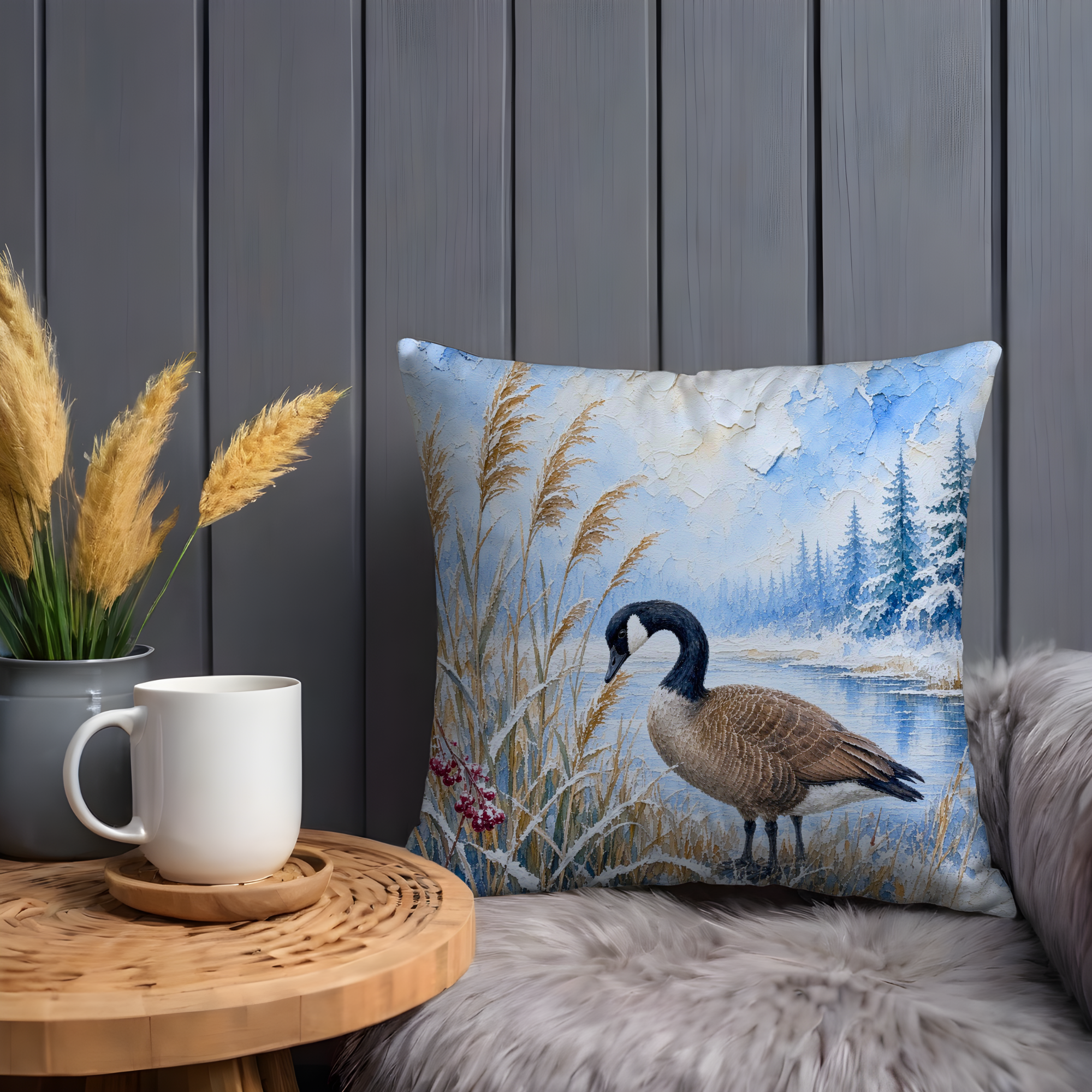 Winter Canada Goose Pillow Cover | Snowy Pine and Reed Nature Decor