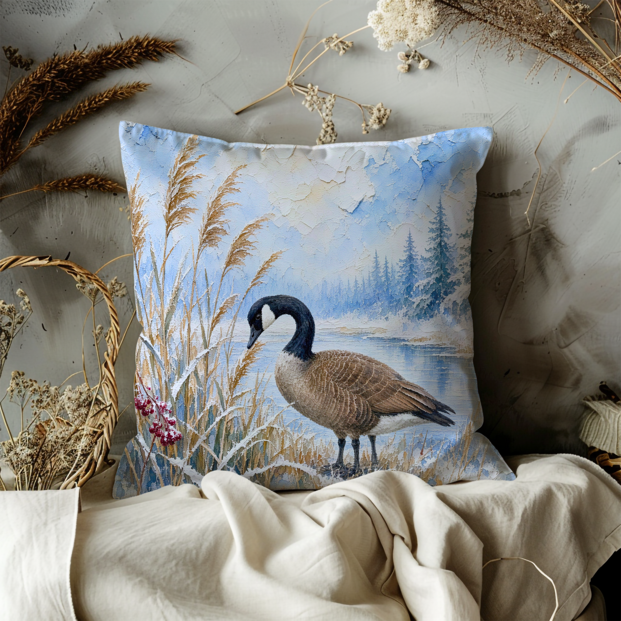 Winter Canada Goose Pillow Cover | Snowy Pine and Reed Nature Decor