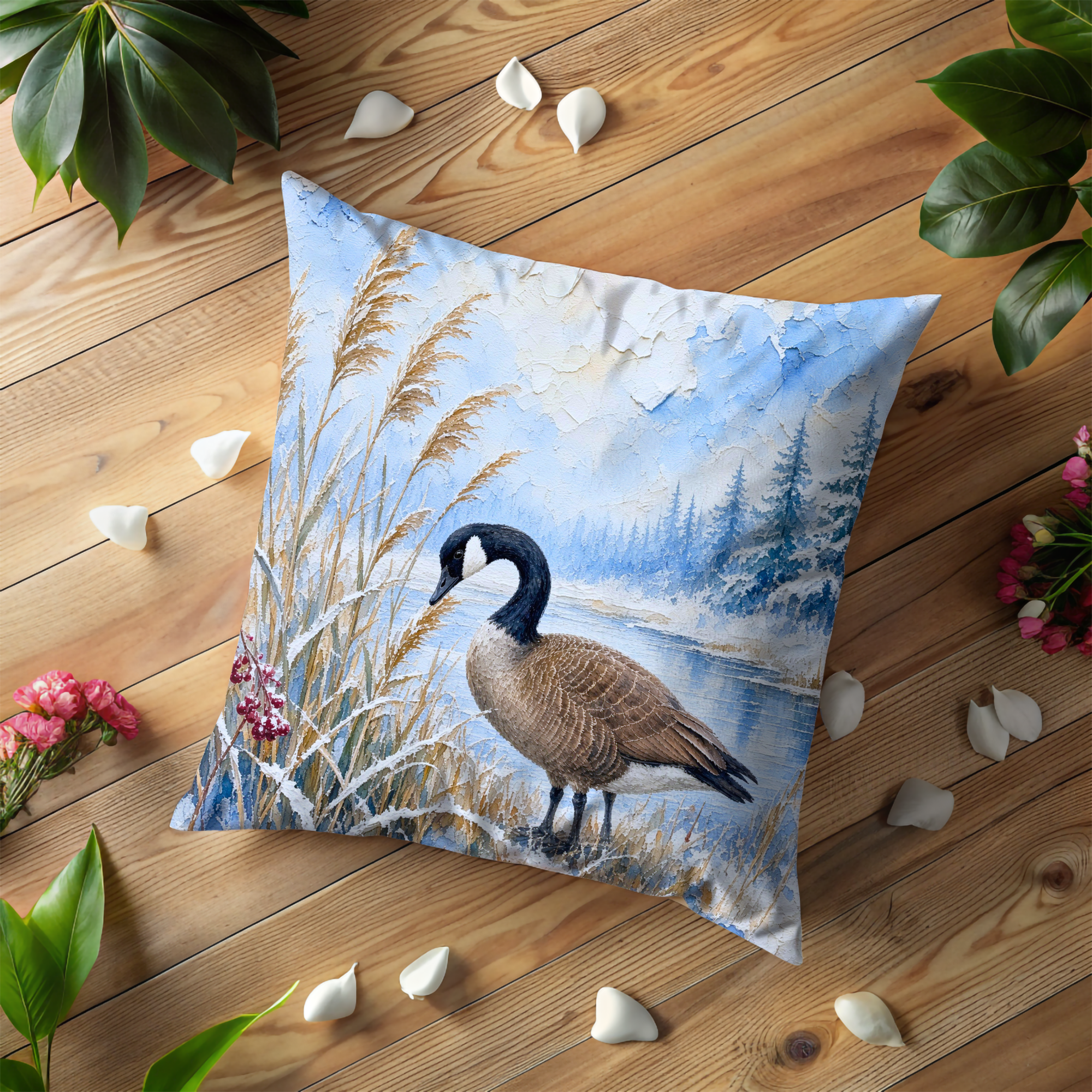 Winter Canada Goose Pillow Cover | Snowy Pine and Reed Nature Decor