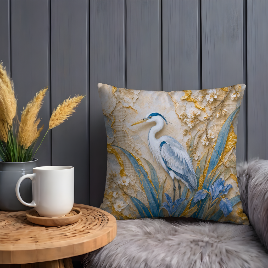 Blue Heron Floral Pillow Cover | Textured Blue and Gold Bird Decor
