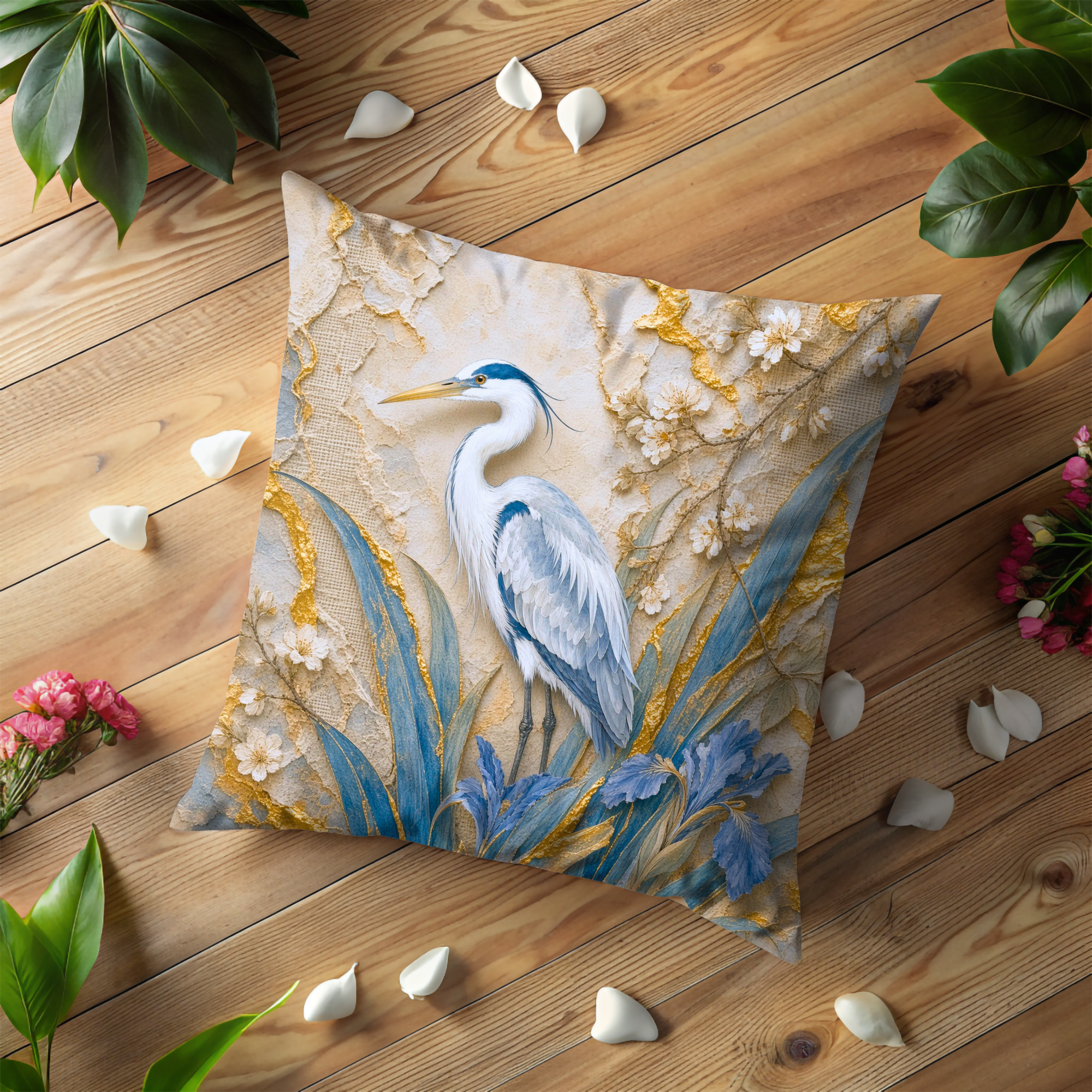 Blue Heron Floral Pillow Cover | Textured Blue and Gold Bird Decor