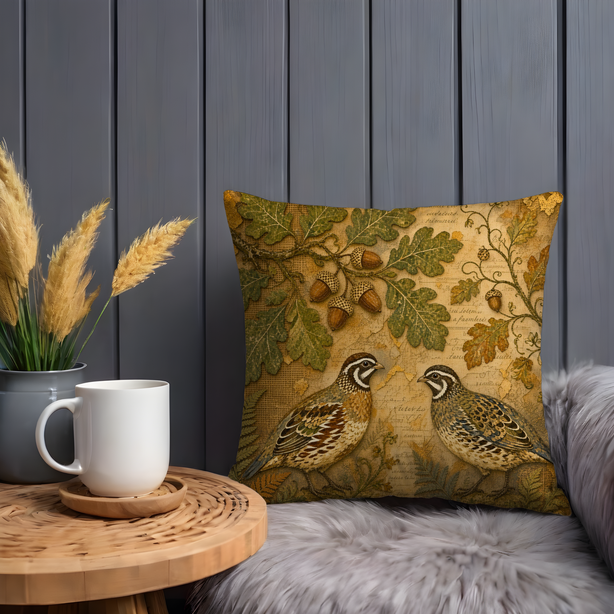 Quail and Acorn Pillow Cover | Vintage Oak Botanical Decor