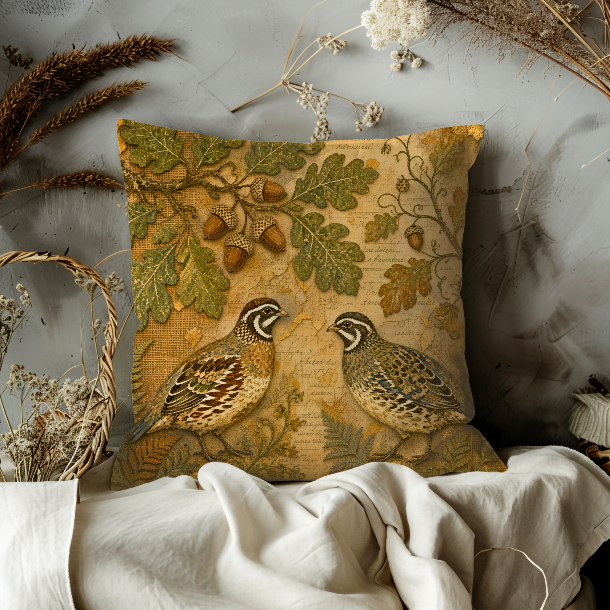 Quail and Acorn Pillow Cover | Vintage Oak Botanical Decor