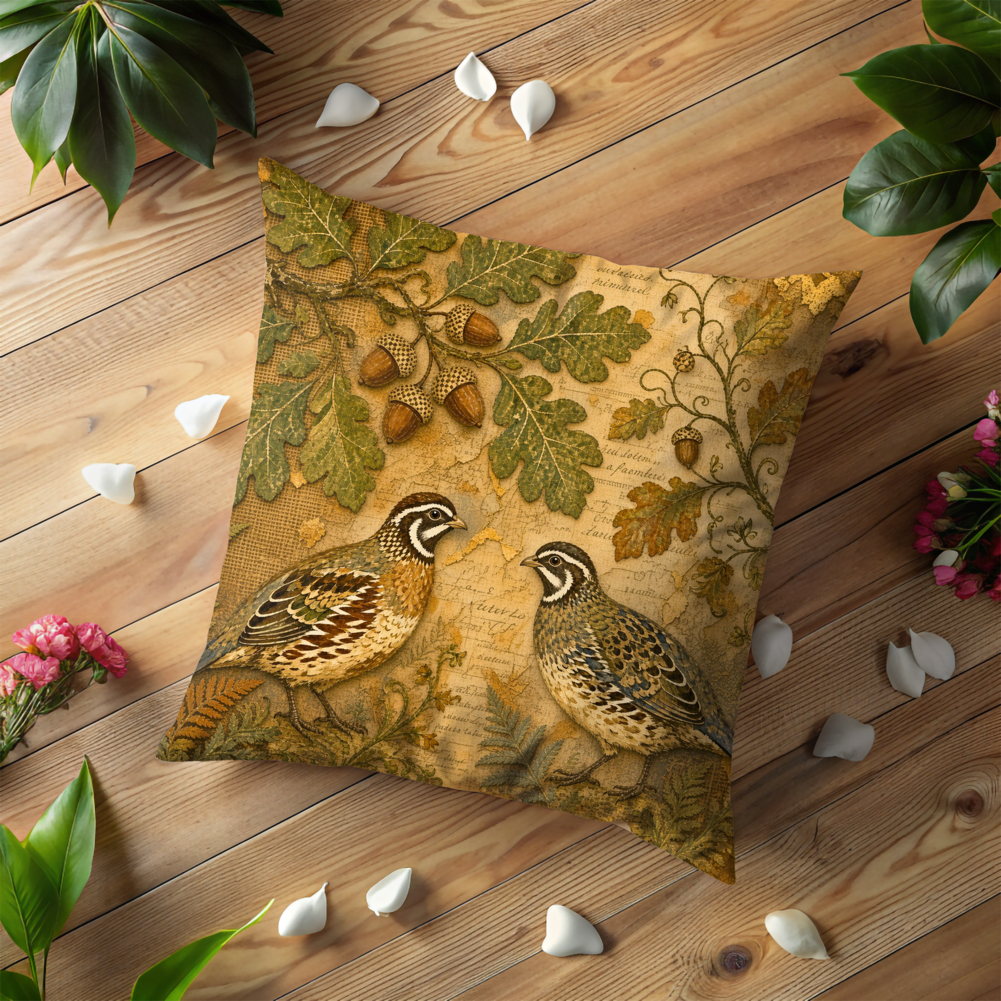 Quail and Acorn Pillow Cover | Vintage Oak Botanical Decor