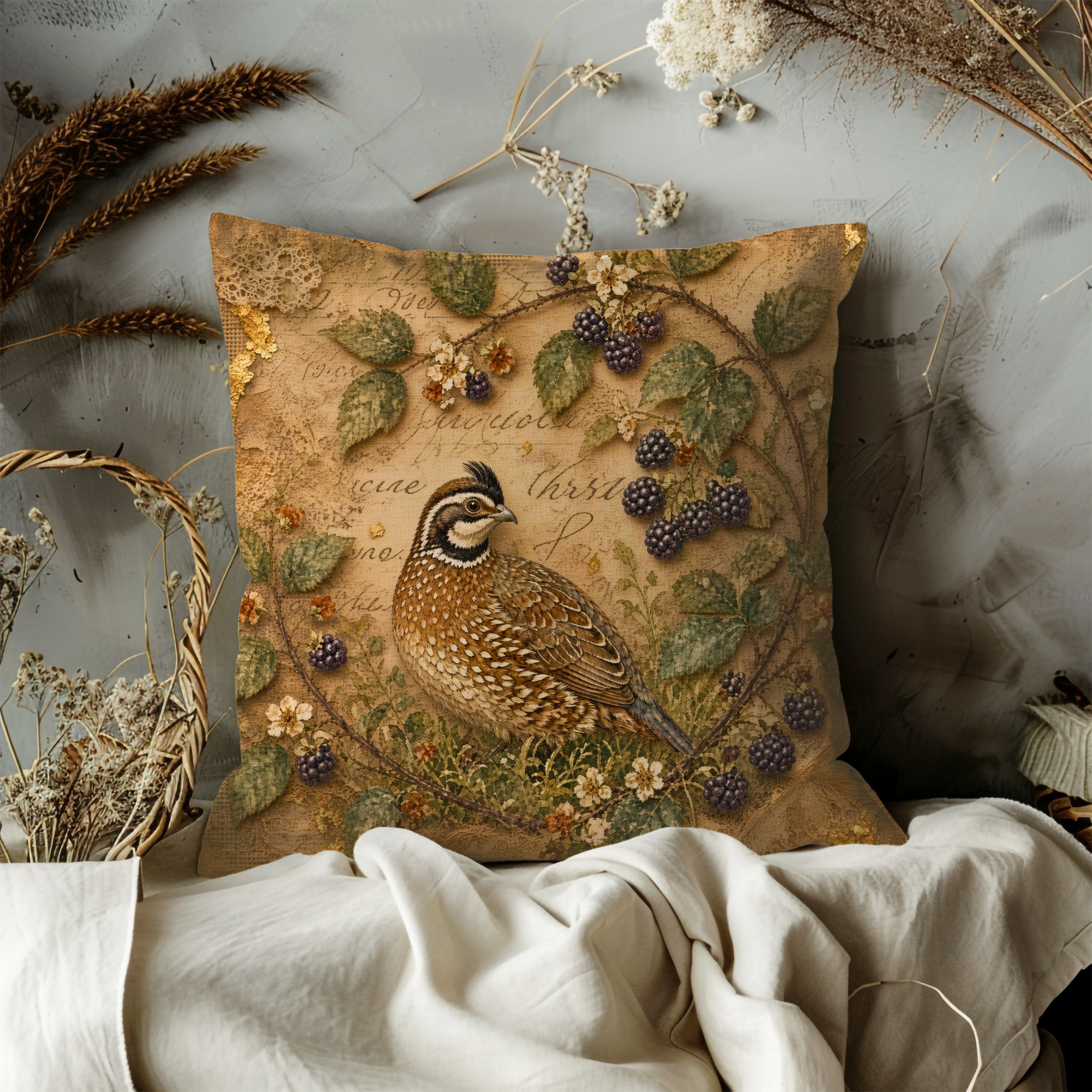 Quail and Blackberry Pillow Cover | Vintage Botanical Bird Decor