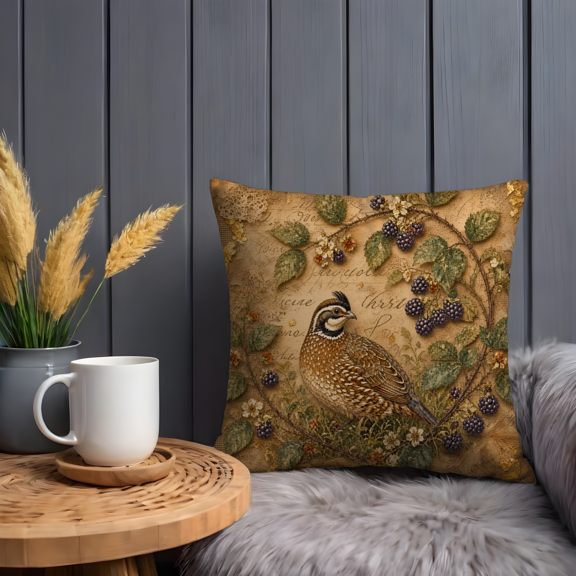 Quail and Blackberry Pillow Cover | Vintage Botanical Bird Decor
