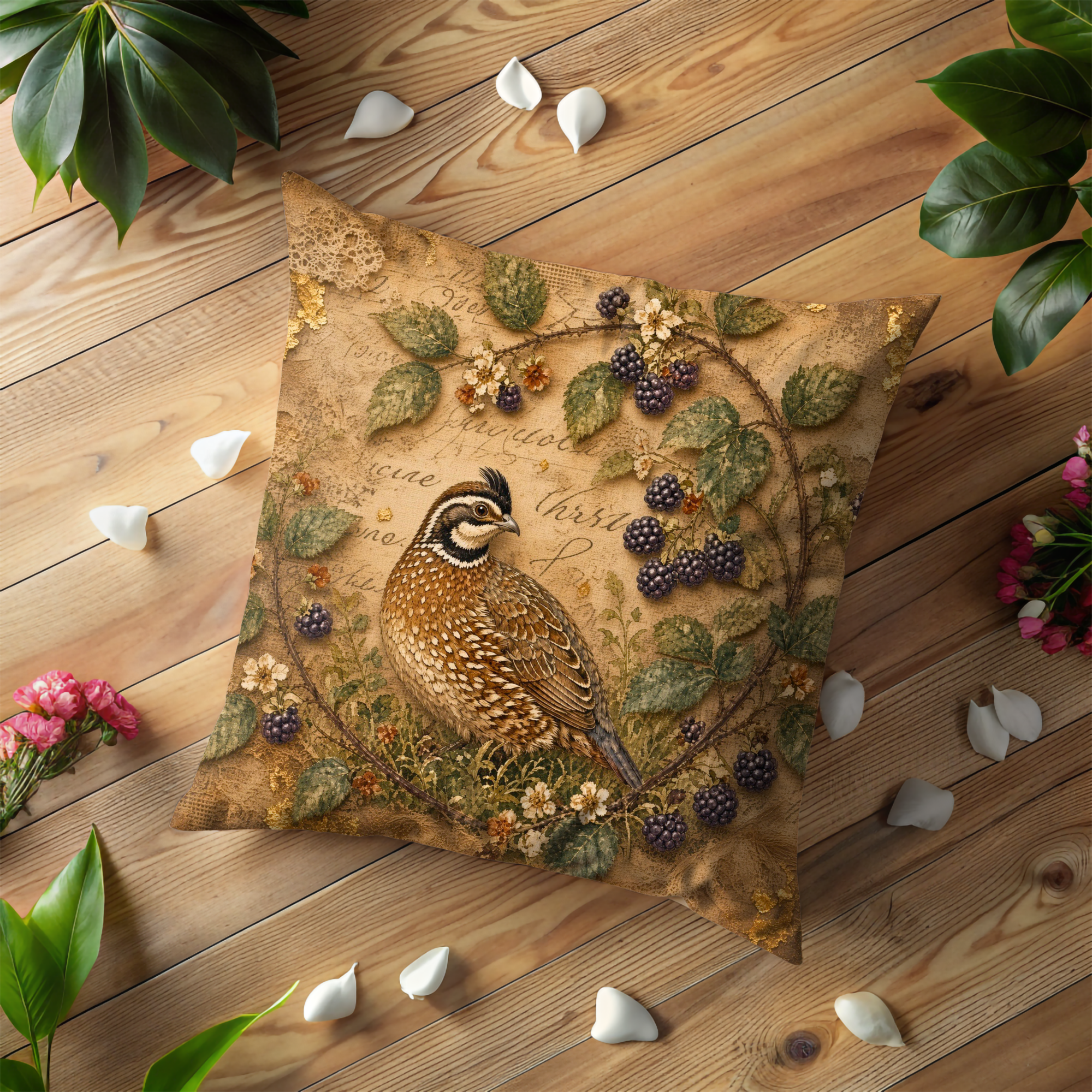 Quail and Blackberry Pillow Cover | Vintage Botanical Bird Decor