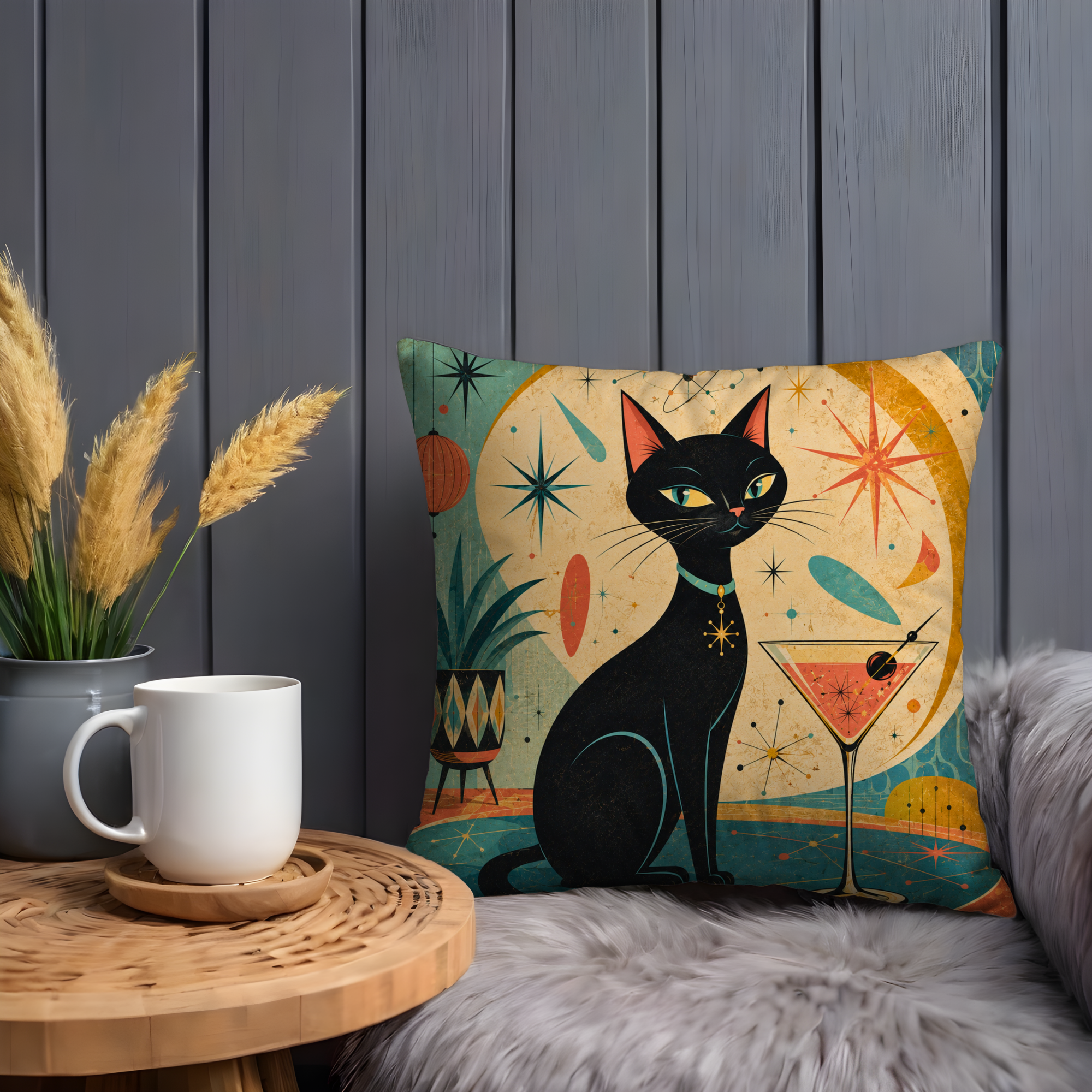 Black Cat Martini Pillow Cover | Mid-Century Atomic Lounge Art | Retro Decor