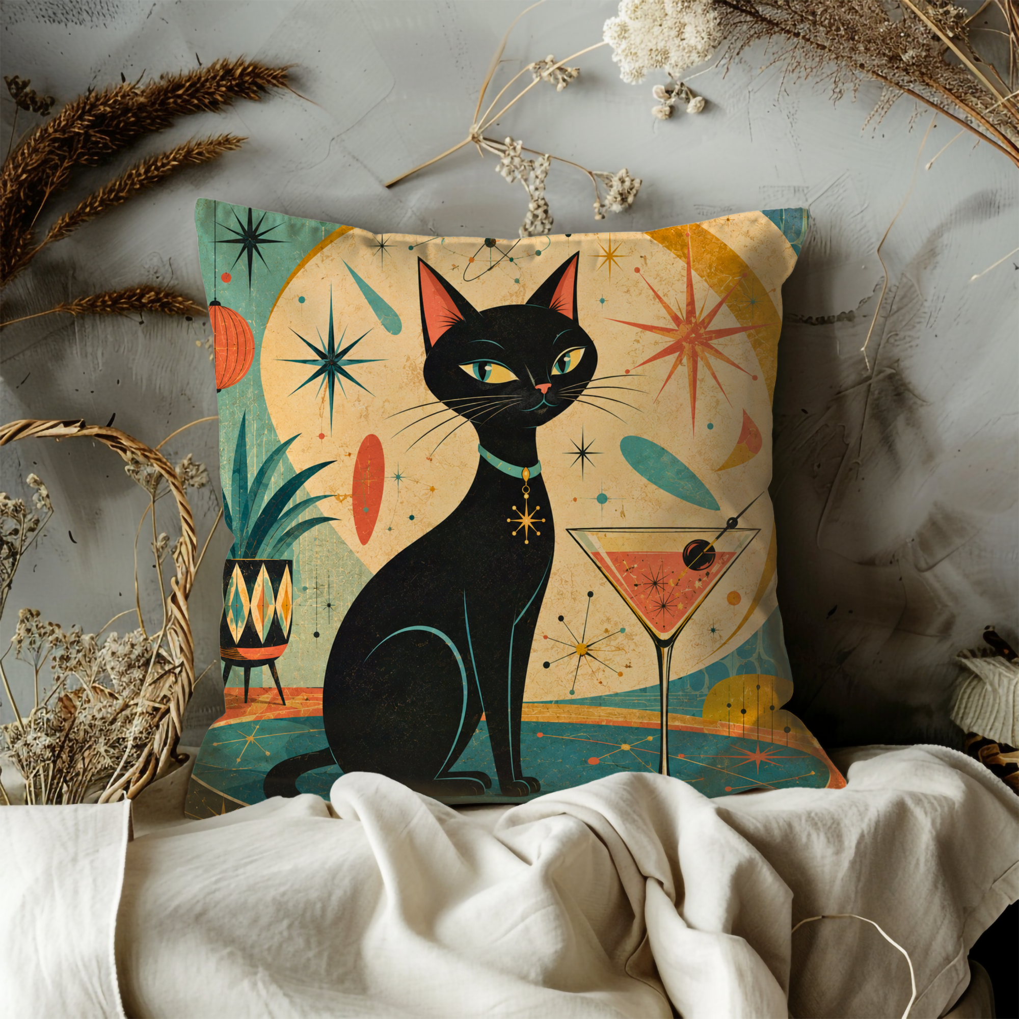 Black Cat Martini Pillow Cover | Mid-Century Atomic Lounge Art | Retro Decor