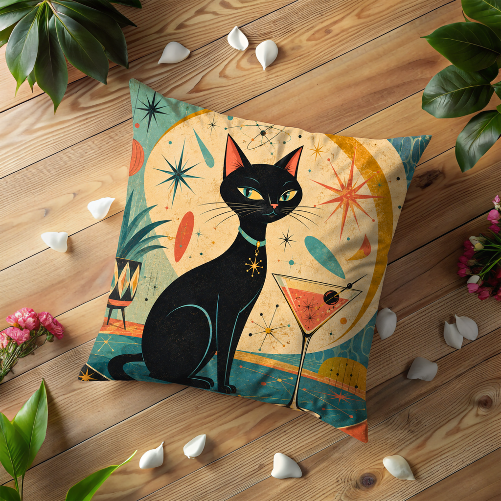 Black Cat Martini Pillow Cover | Mid-Century Atomic Lounge Art | Retro Decor