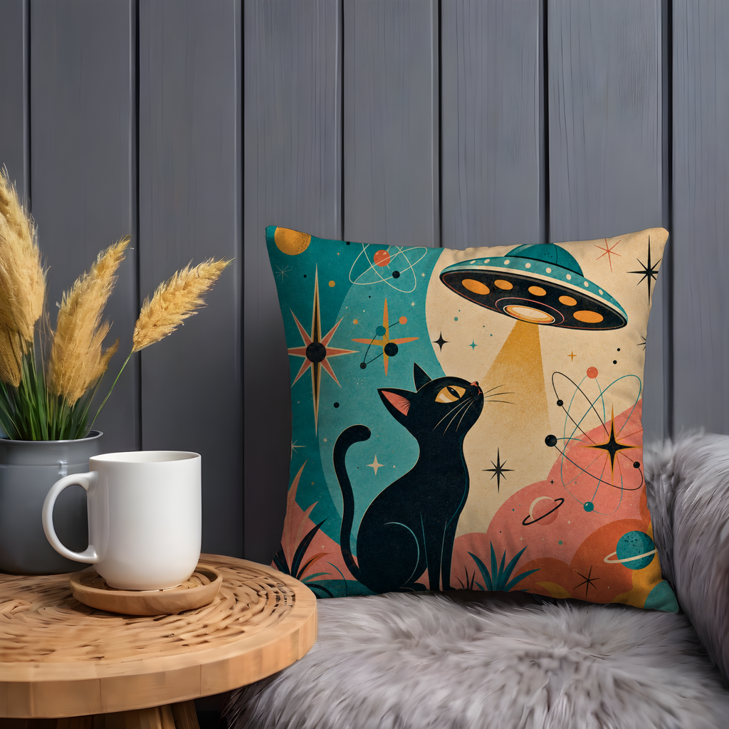 Black Cat UFO Pillow Cover | Mid-Century Atomic Space Age Art | Retro Decor