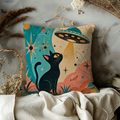 Black Cat UFO Pillow Cover | Mid-Century Atomic Space Age Art | Retro Decor