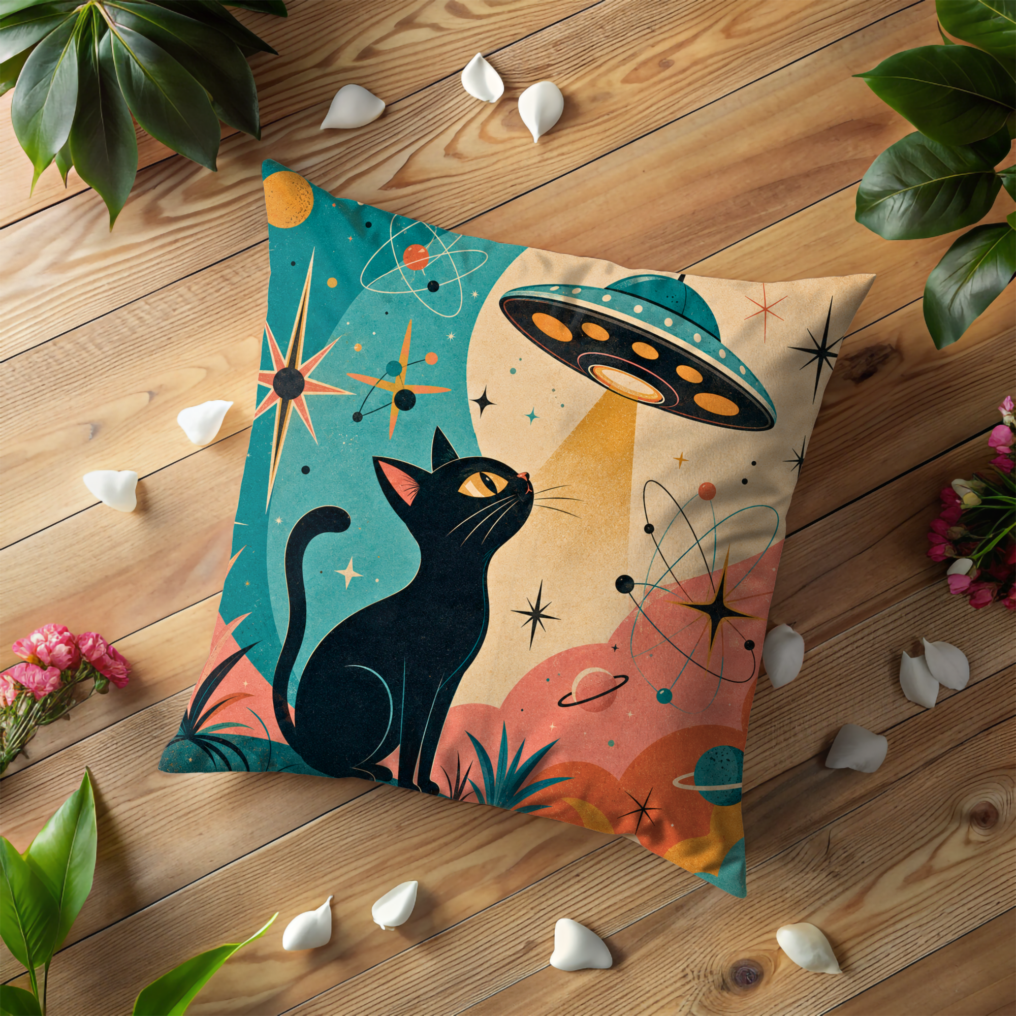 Black Cat UFO Pillow Cover | Mid-Century Atomic Space Age Art | Retro Decor