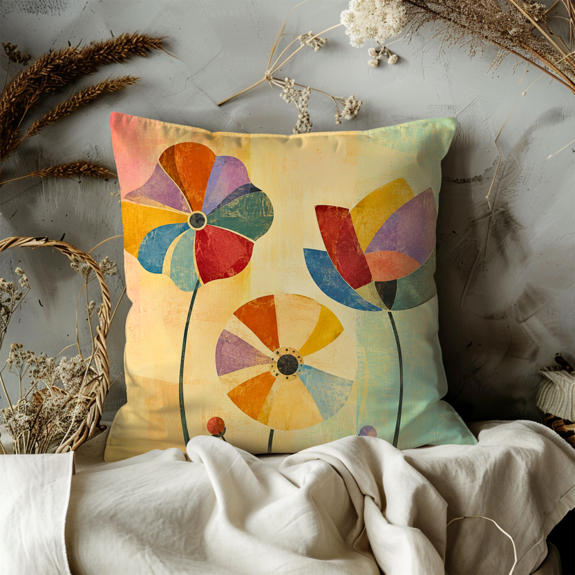 Abstract Geometric Flowers Colorful Pillow Cover | Modern Floral Art | Mid Century Decor